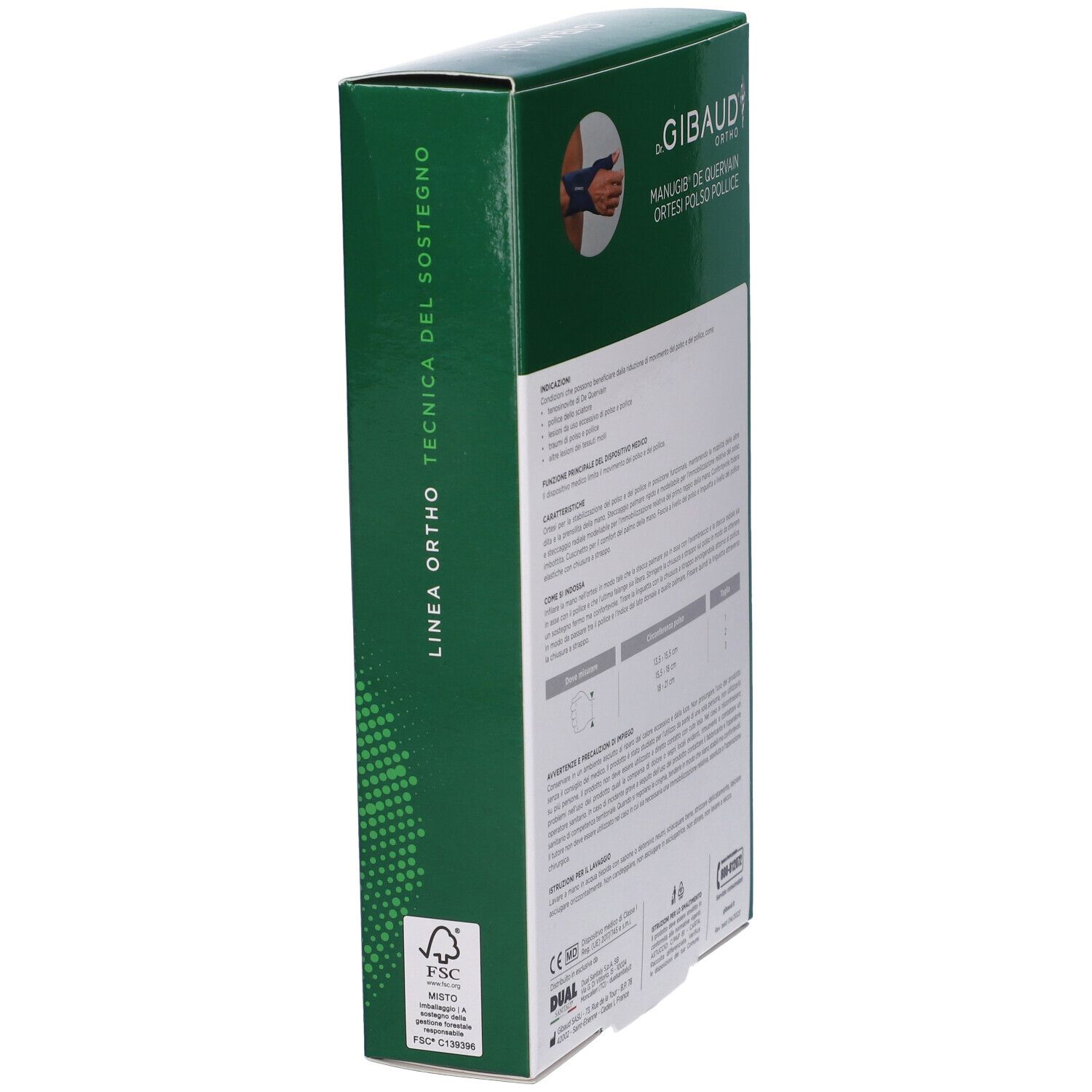Scatola verde. Scritta: Dr. Gibaud Ortho, Manugib De Quervain Ortesi Polso Pollice. Testo sull'assistenza tecnica.