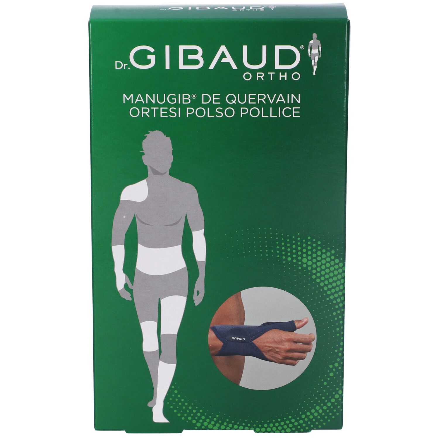 Scatola verde. Scritta: Dr. Gibaud Ortho, Manugib De Quervain Ortesi Polso Pollice. Illustrazione di un'ortesi per la mano.