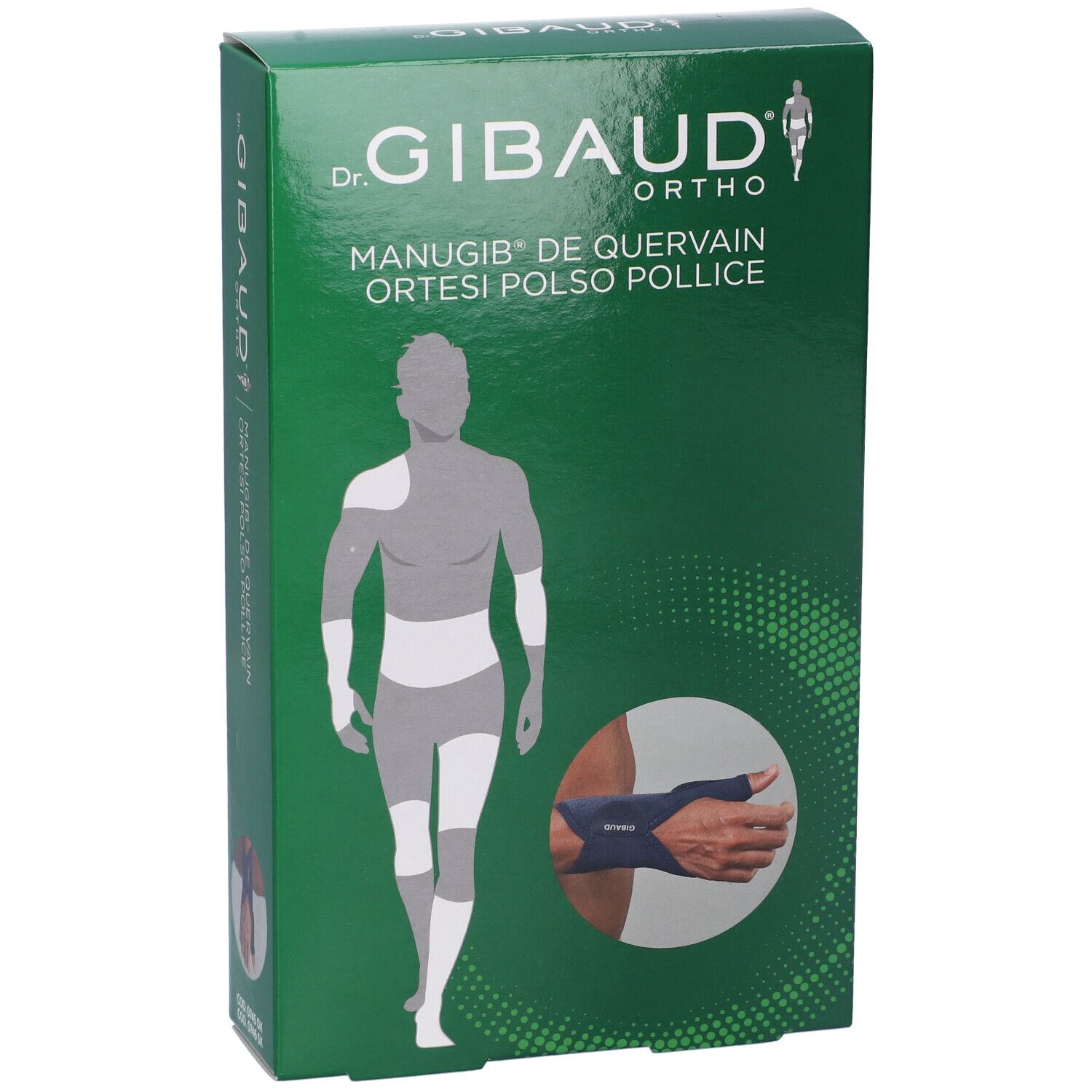 Scatola verde. Scritta: Dr. Gibaud Ortho, Manugib De Quervain Ortesi Polso Pollice. Illustrazione di un'ortesi per la mano.