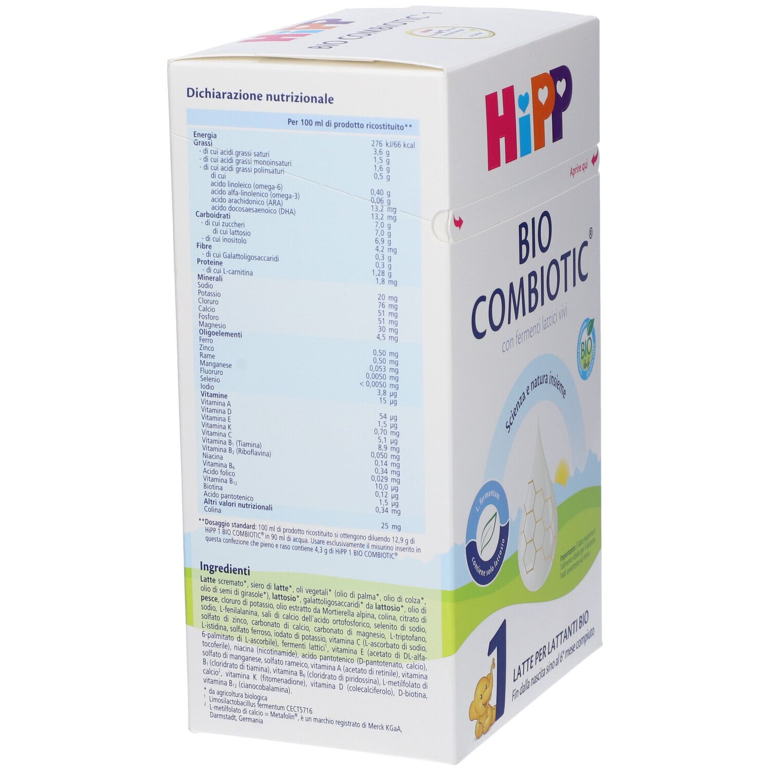 Retro della confezione di latte in polvere HiPP Bio Combiotic. Contiene informazioni nutrizionali e lista ingredienti. Testo in italiano.