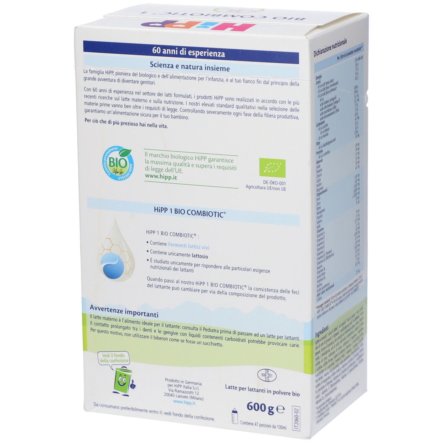 Retro della confezione di latte in polvere HiPP Bio Combiotic. Contiene informazioni sul marchio e certificazione biologica. Testo in italiano.