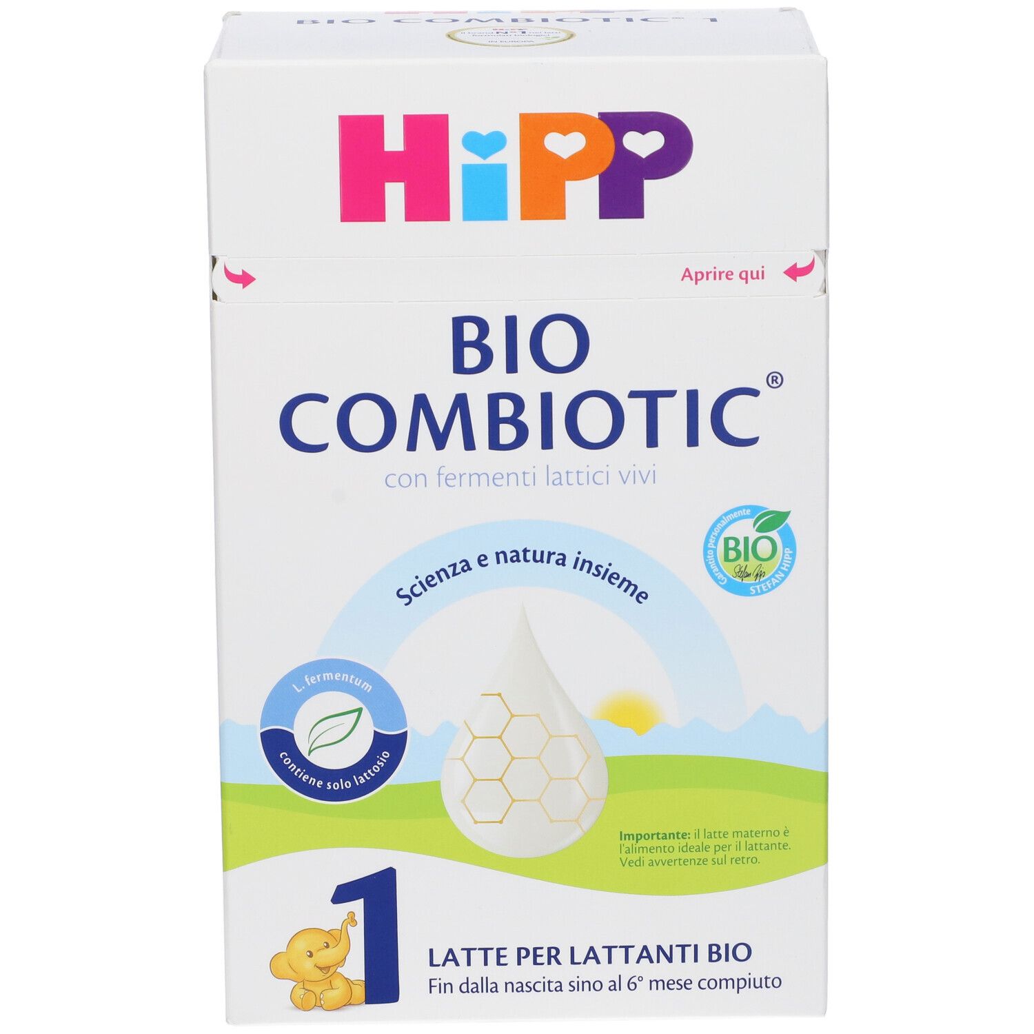 Confezione di latte in polvere HiPP Bio Combiotic. Certificazione biologica. Scritto: 1, Latte per lattanti bio, Fin dalla nascita sino al 6° mese compiuto.
