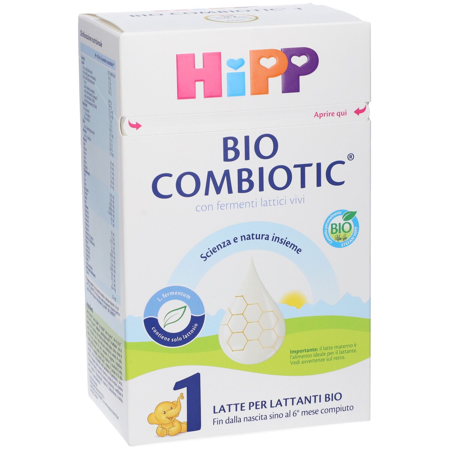 Confezione di latte in polvere HiPP Bio Combiotic. Certificazione biologica. Scritto: 1, Latte per lattanti bio, Fin dalla nascita sino al 6° mese compiuto.