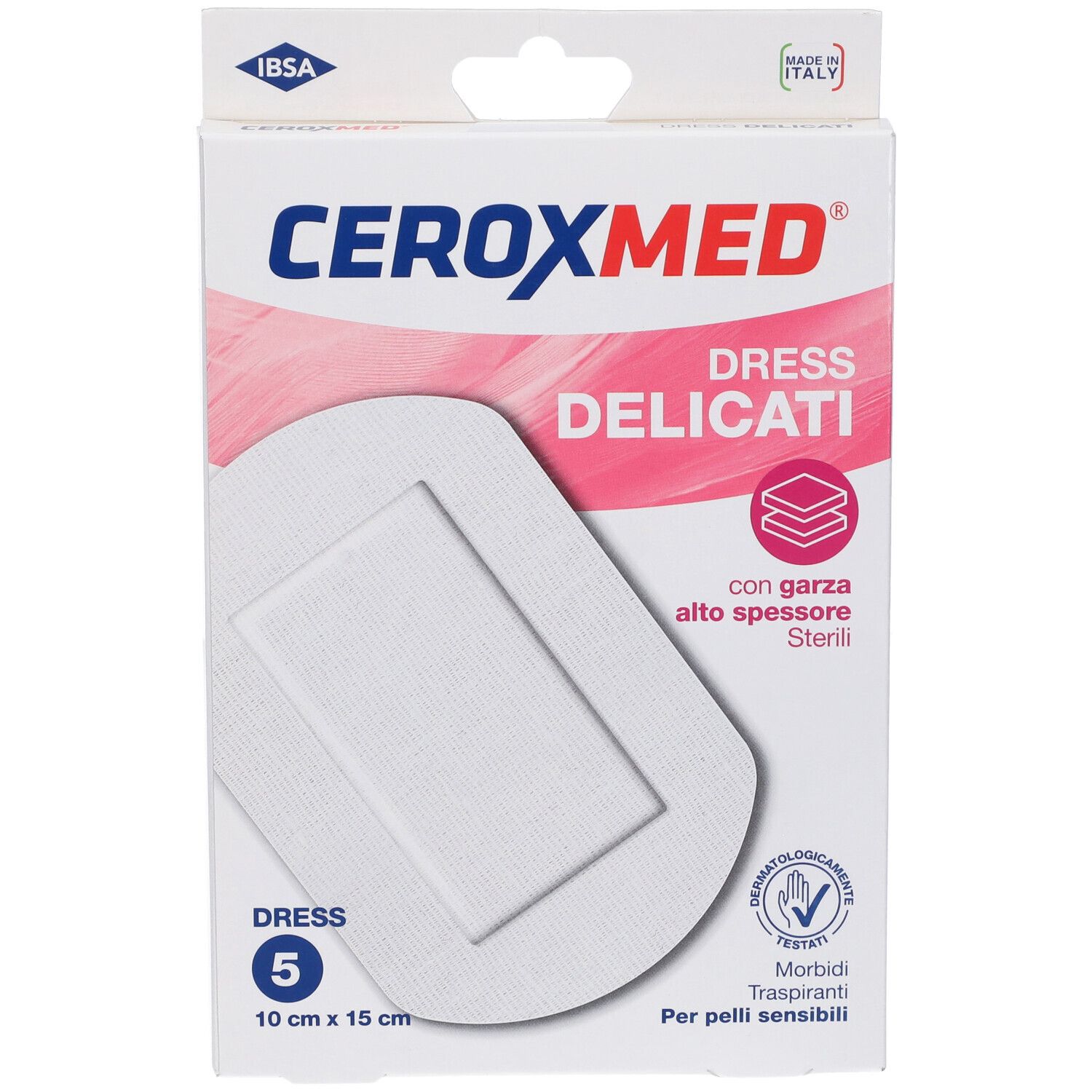 Confezione Ceroxmed Dress Delicati. Cerotto bianco con bordo rosa. 5 pezzi, 10x15cm. Dermatologicamente testato.