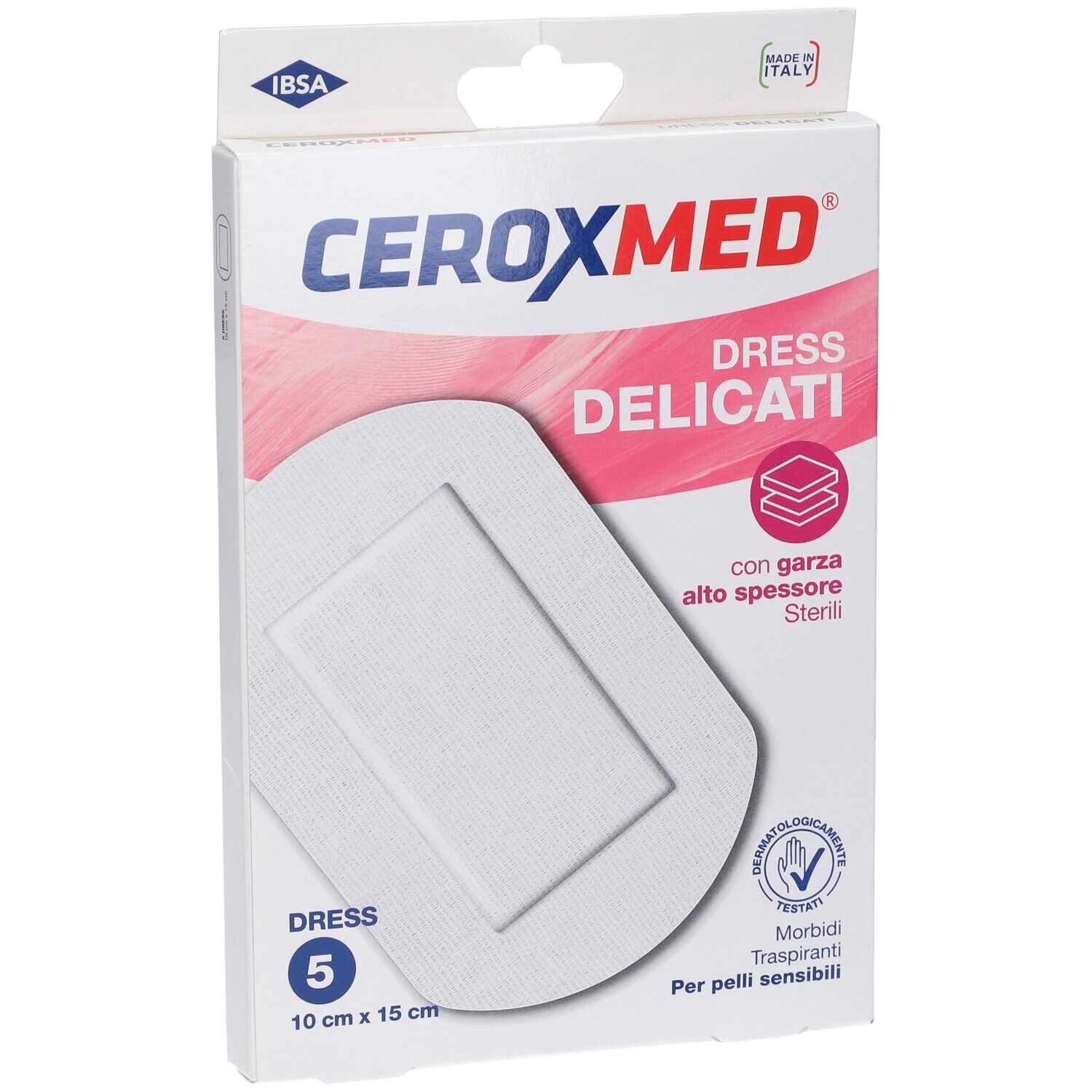 Confezione Ceroxmed Dress Delicati. Cerotto bianco con bordo rosa. 5 pezzi, 10x15cm. Dermatologicamente testato.