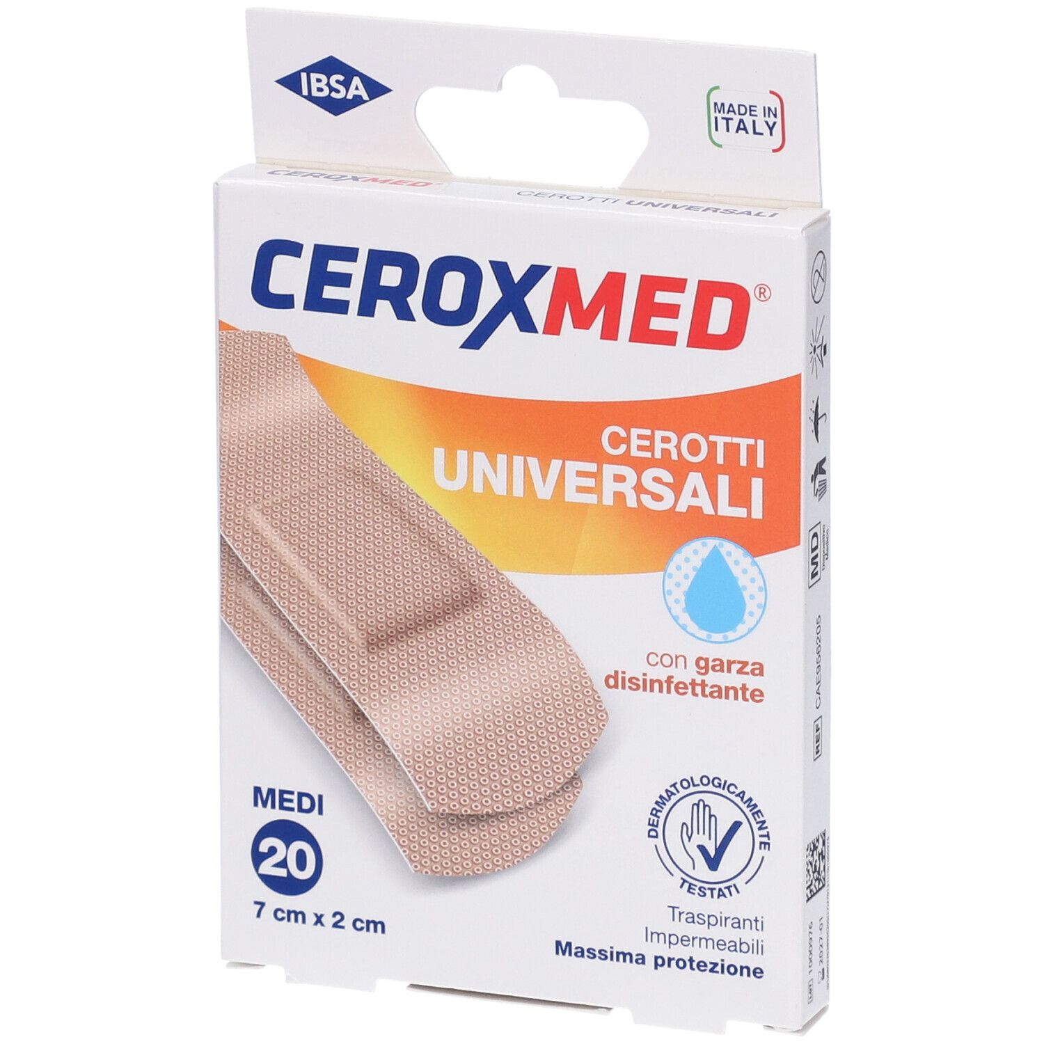 Confezione CeroxMed Cerotti Universali. 20 medicazioni, 7x2 cm. Con garza disinfettante. Dermatologicamente testato.