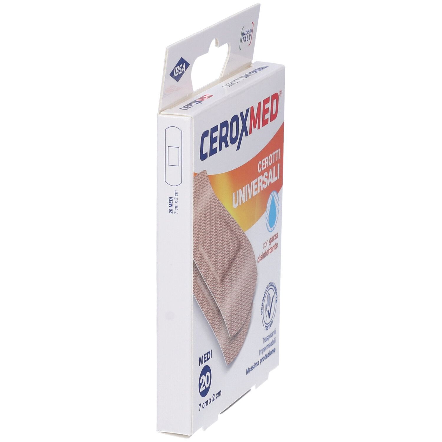 Vista laterale della confezione CeroxMed Cerotti Universali. 20 medicazioni, 7x2 cm. Con garza disinfettante. Marchio visibile.