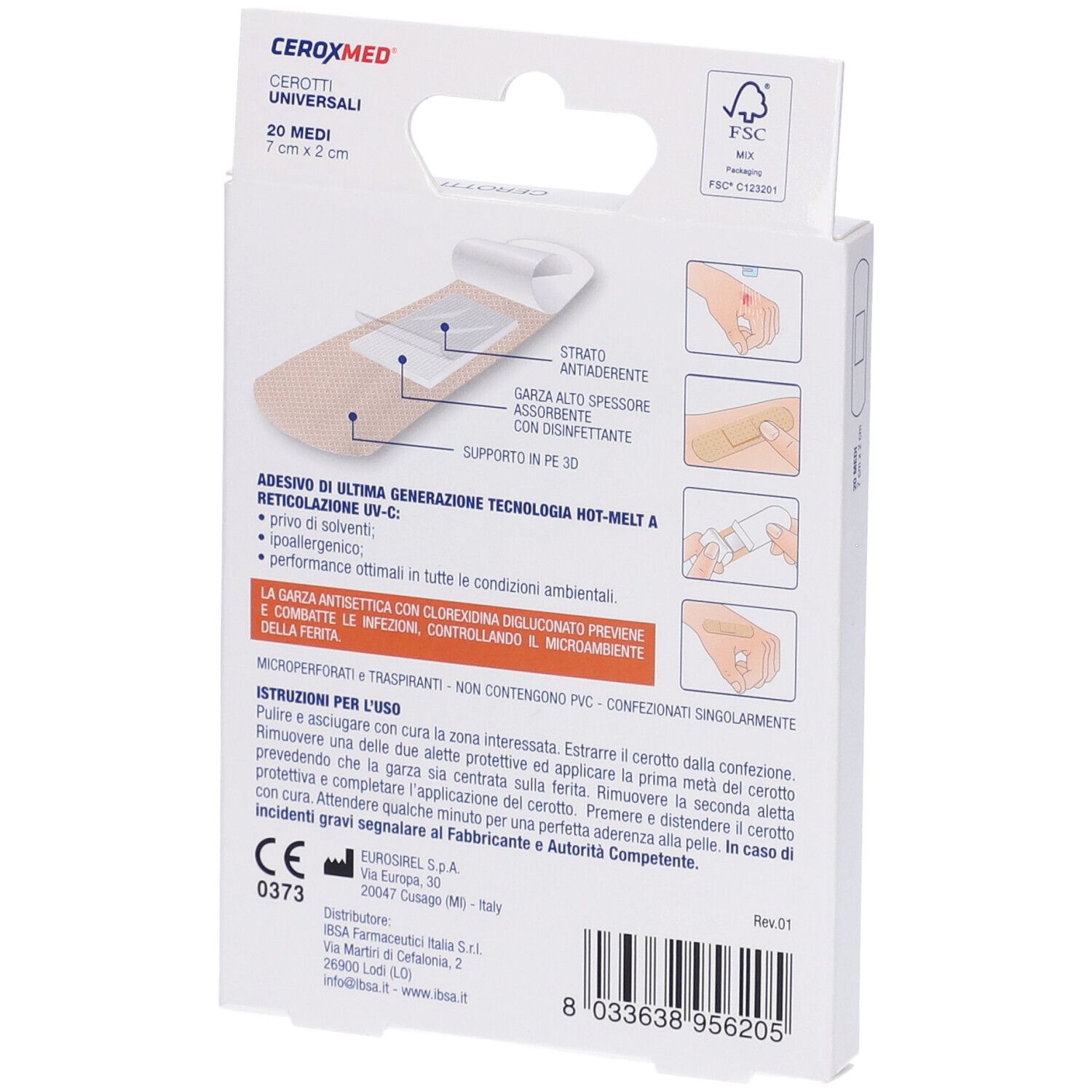 Retro della confezione CeroxMed Cerotti Universali. Dettagli ingredienti e uso. 20 medicazioni, 7x2 cm.