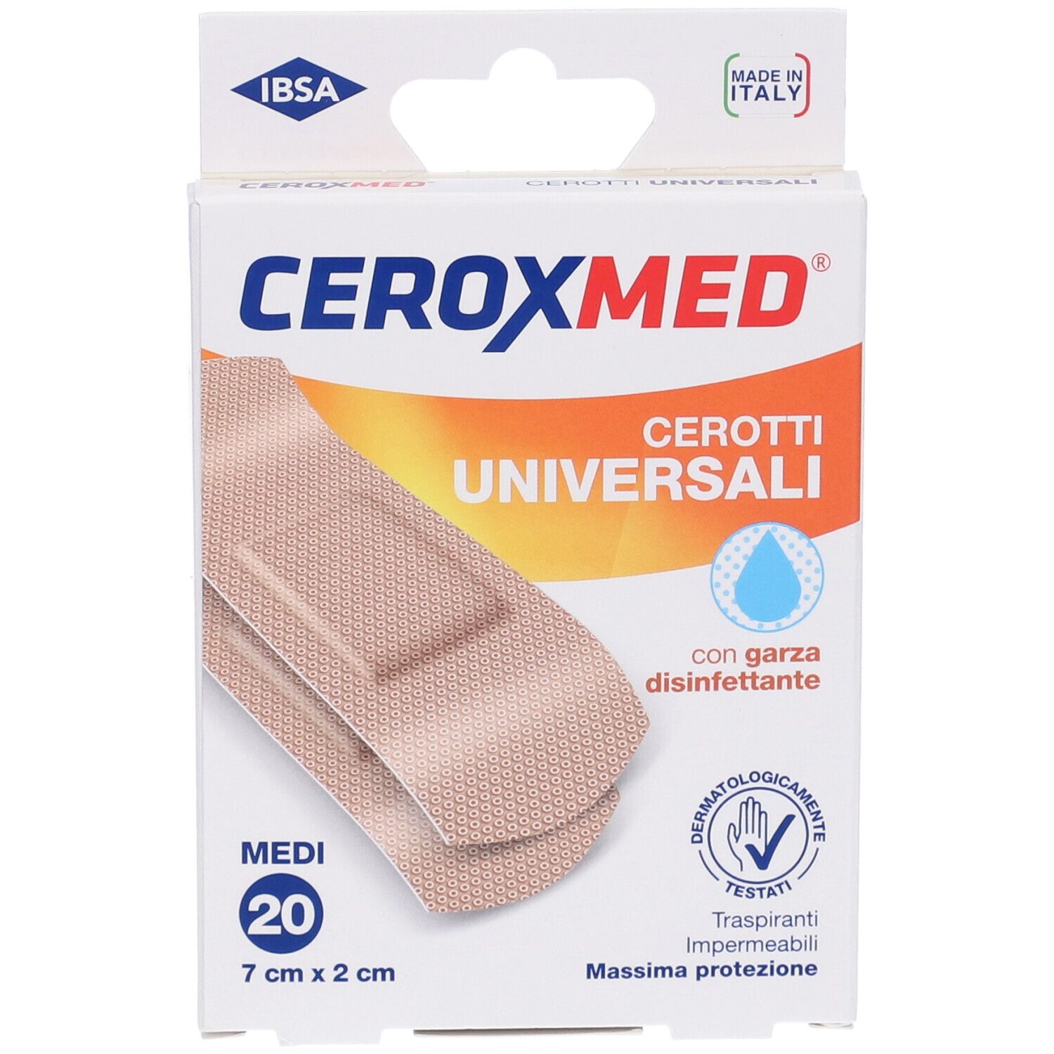 Confezione CeroxMed Cerotti Universali. 20 medicazioni, 7x2 cm. Con garza disinfettante. Marchio e logo visibili.