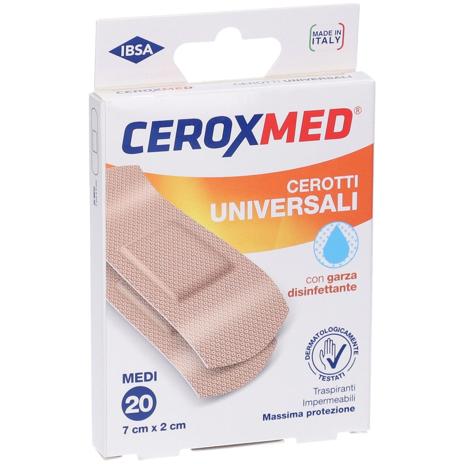 Confezione CeroxMed Cerotti Universali. 20 medicazioni, 7x2 cm. Con garza disinfettante. Marchio e logo visibili.