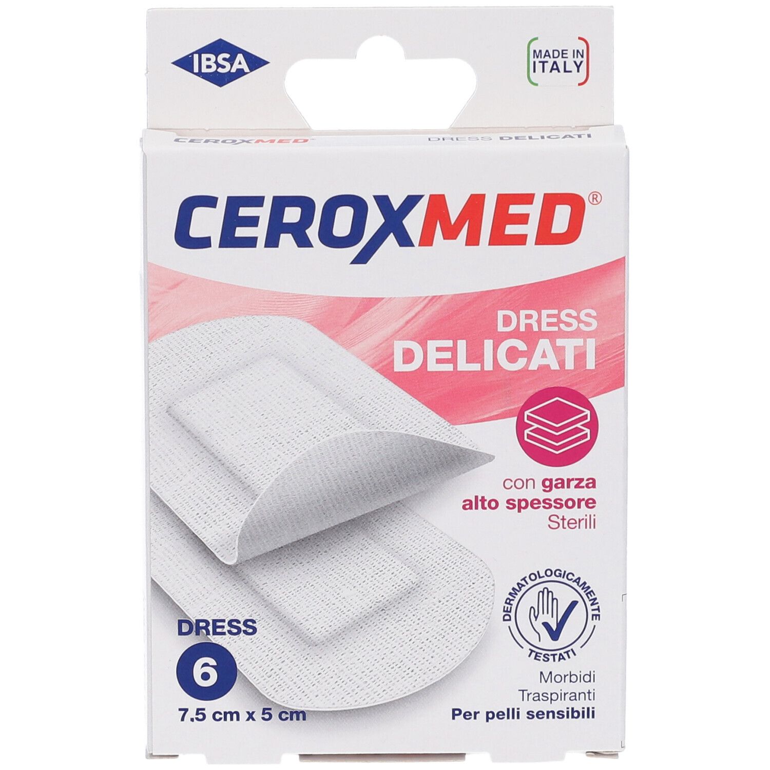 Medicazione Ceroxmed Dress Delicati, 7,5x5 cm, 6 pezzi. Fronte confezione con immagine prodotto e dettagli.