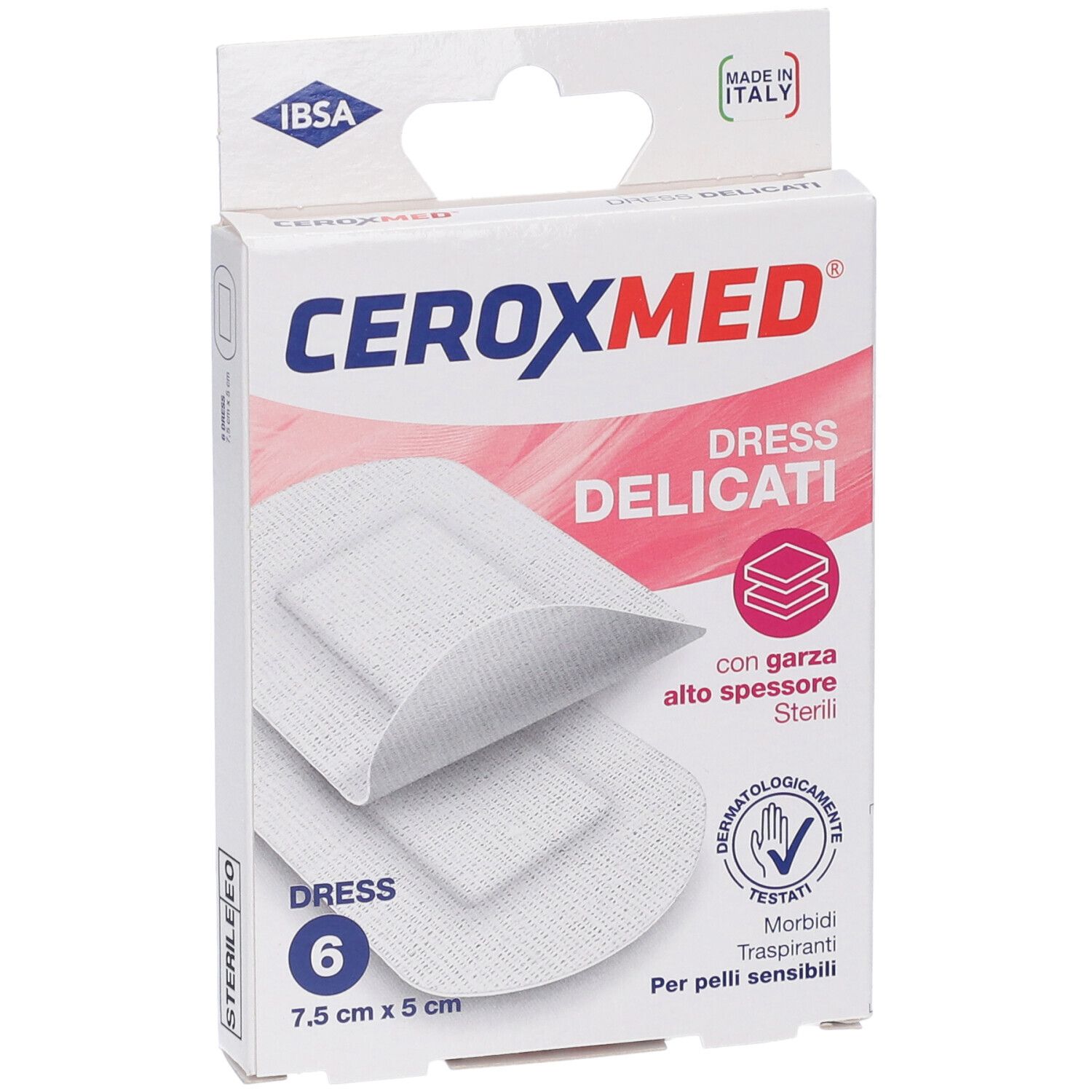 Medicazione Ceroxmed Dress Delicati, 7,5x5 cm, 6 pezzi. Fronte confezione con immagine prodotto e dettagli.