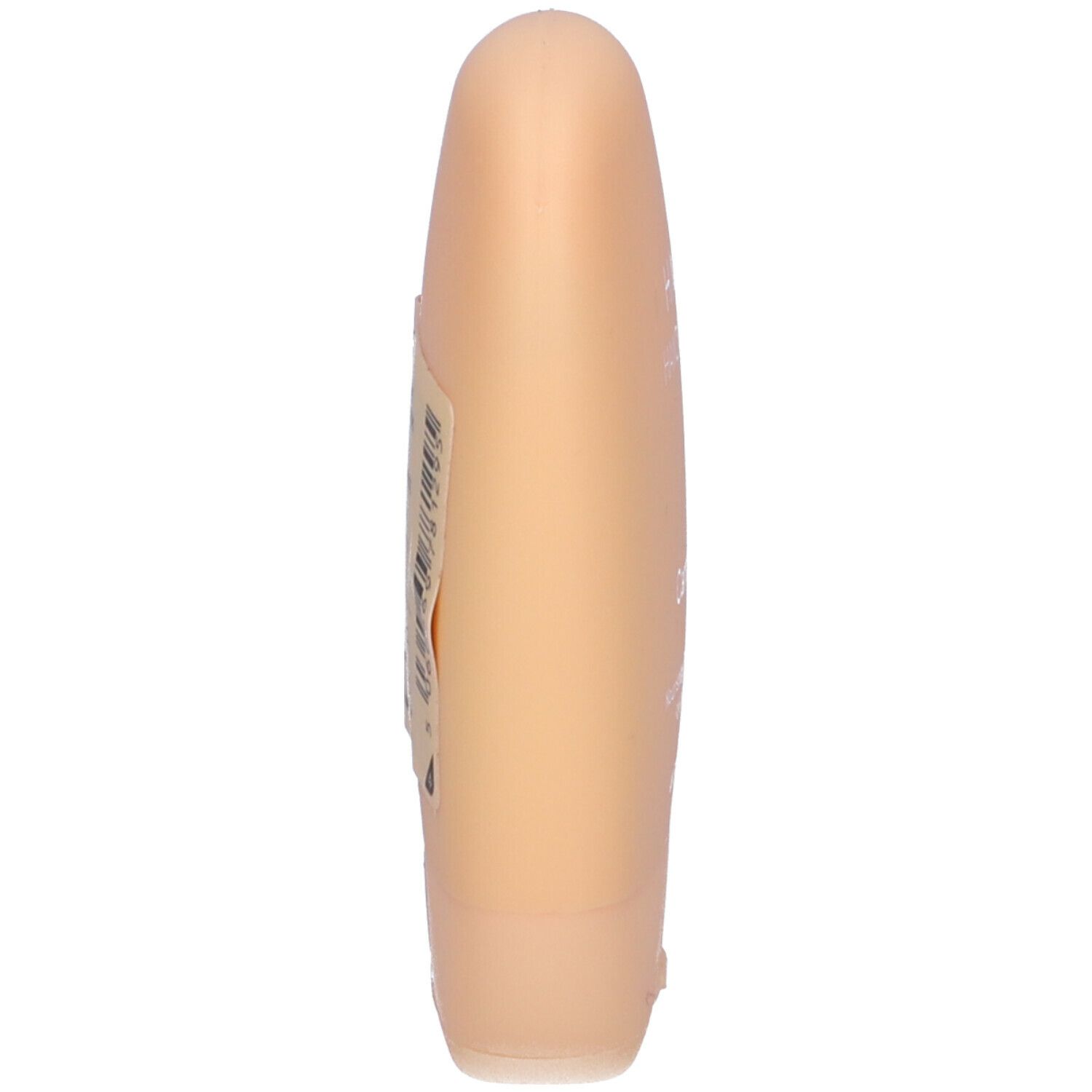 Tubo di crema mani beige, vista laterale. Etichetta con testo. Forma ovale.