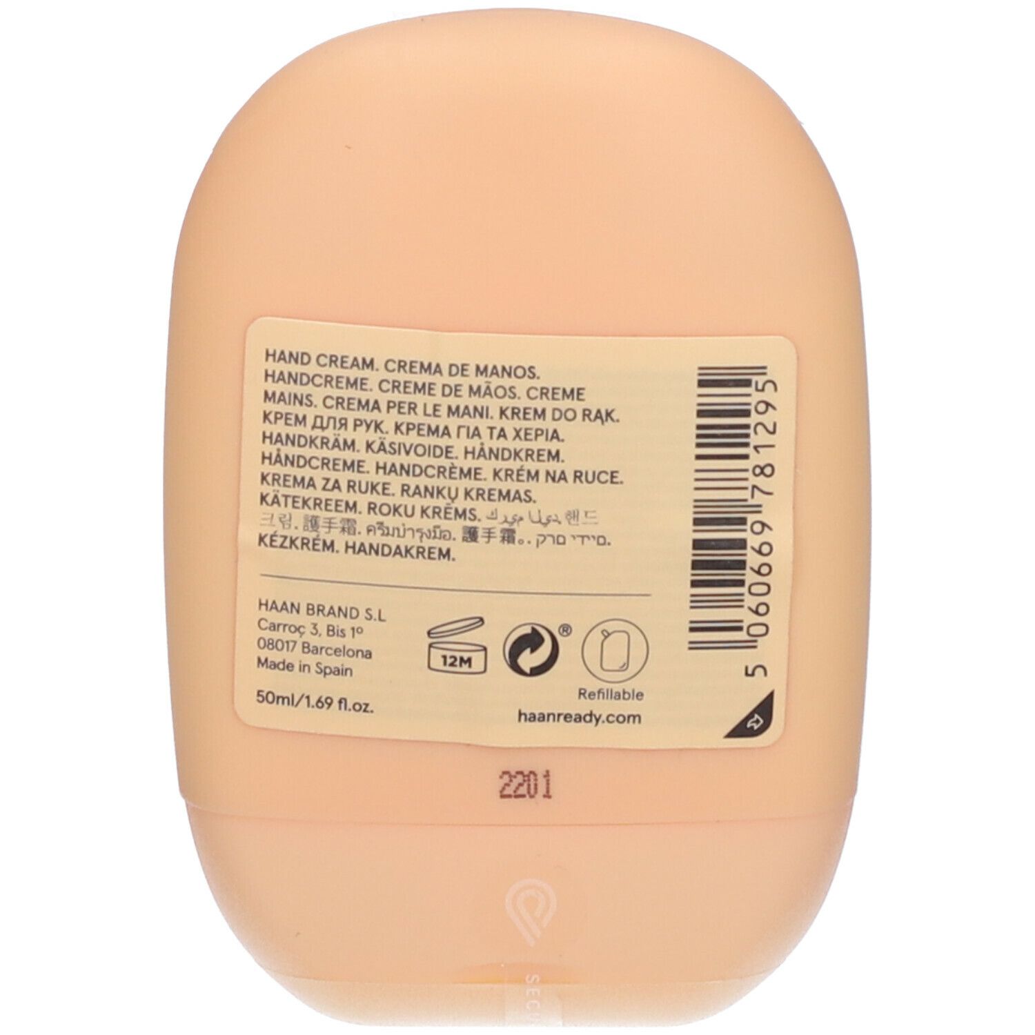 Retro del tubo di crema mani. Etichetta con testo in più lingue. Marchio HAAN.