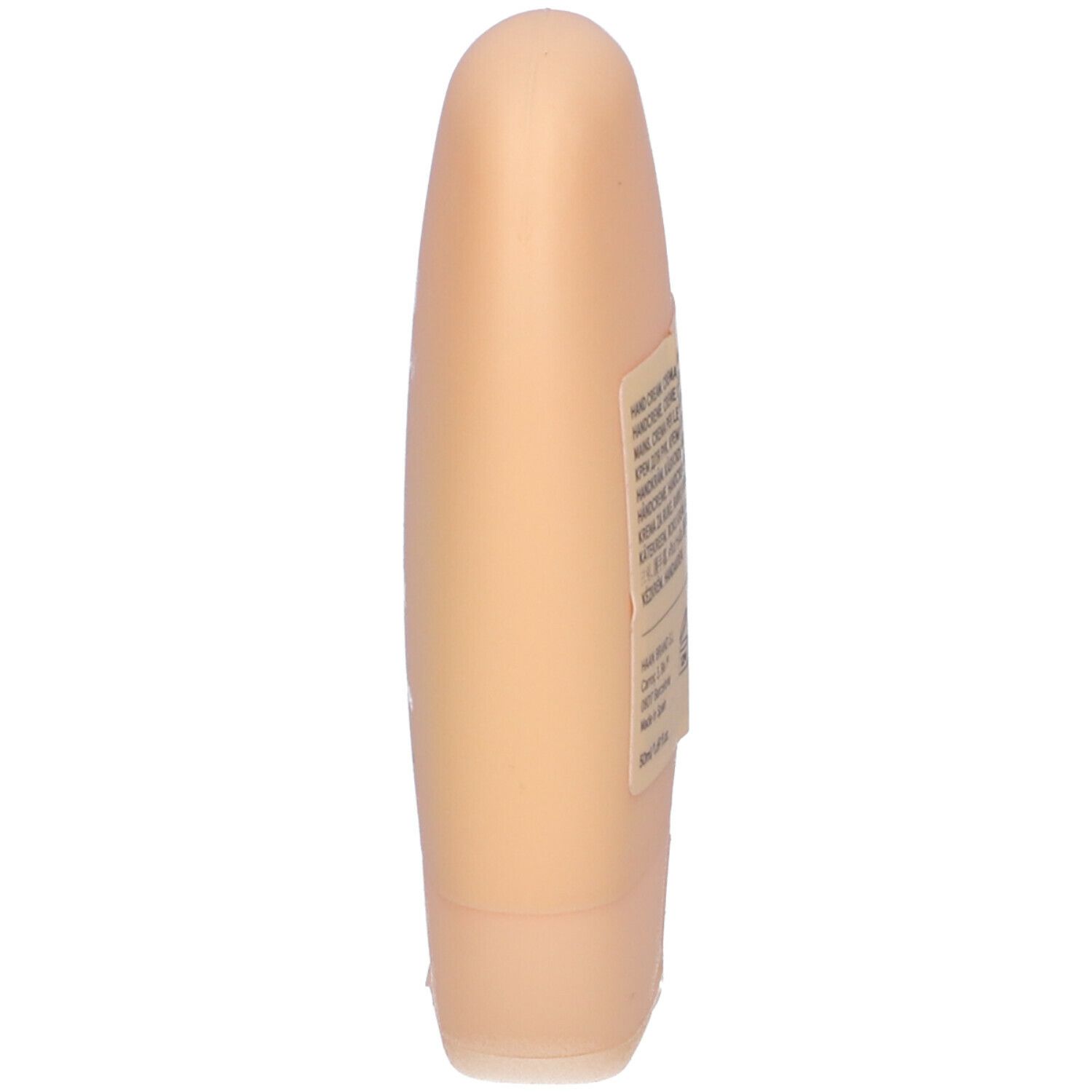 Tubo di crema mani beige, vista laterale. Etichetta con testo. Forma ovale.
