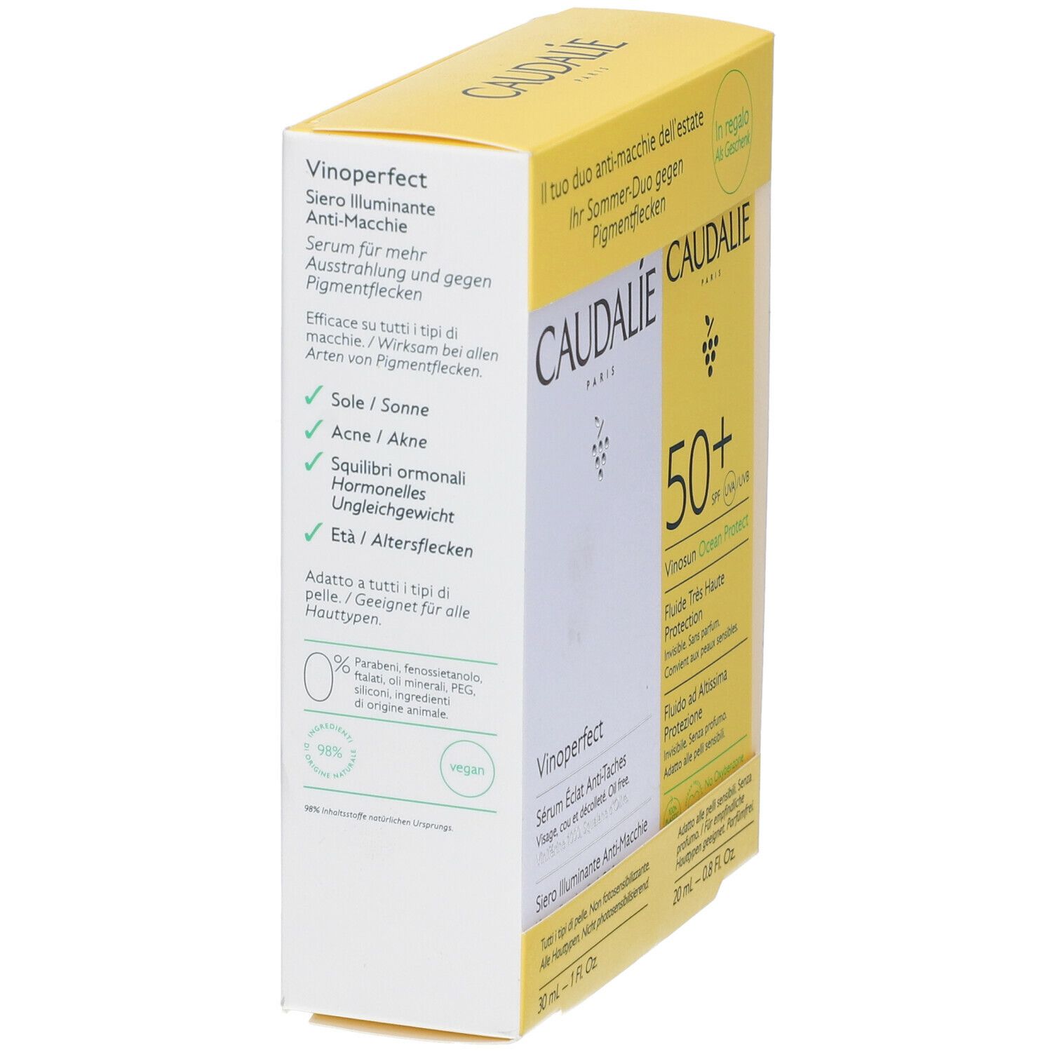 Confezione gialla CAUDALIE Duo. Contiene siero Vinoperfect e protezione solare 50+. Testi in tedesco, italiano e francese.