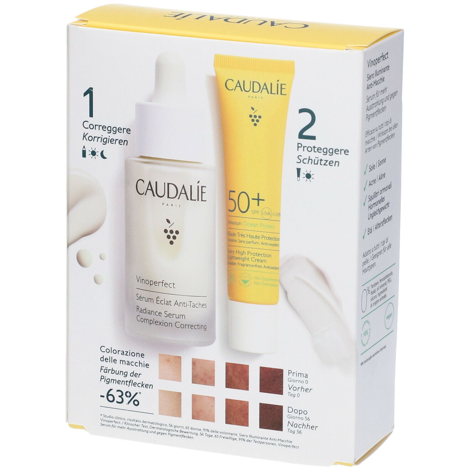 Set CAUDALIE Duo con siero e protezione solare 50+. Prodotti ed esempi di colore su sfondo giallo. Didascalie multilingue.