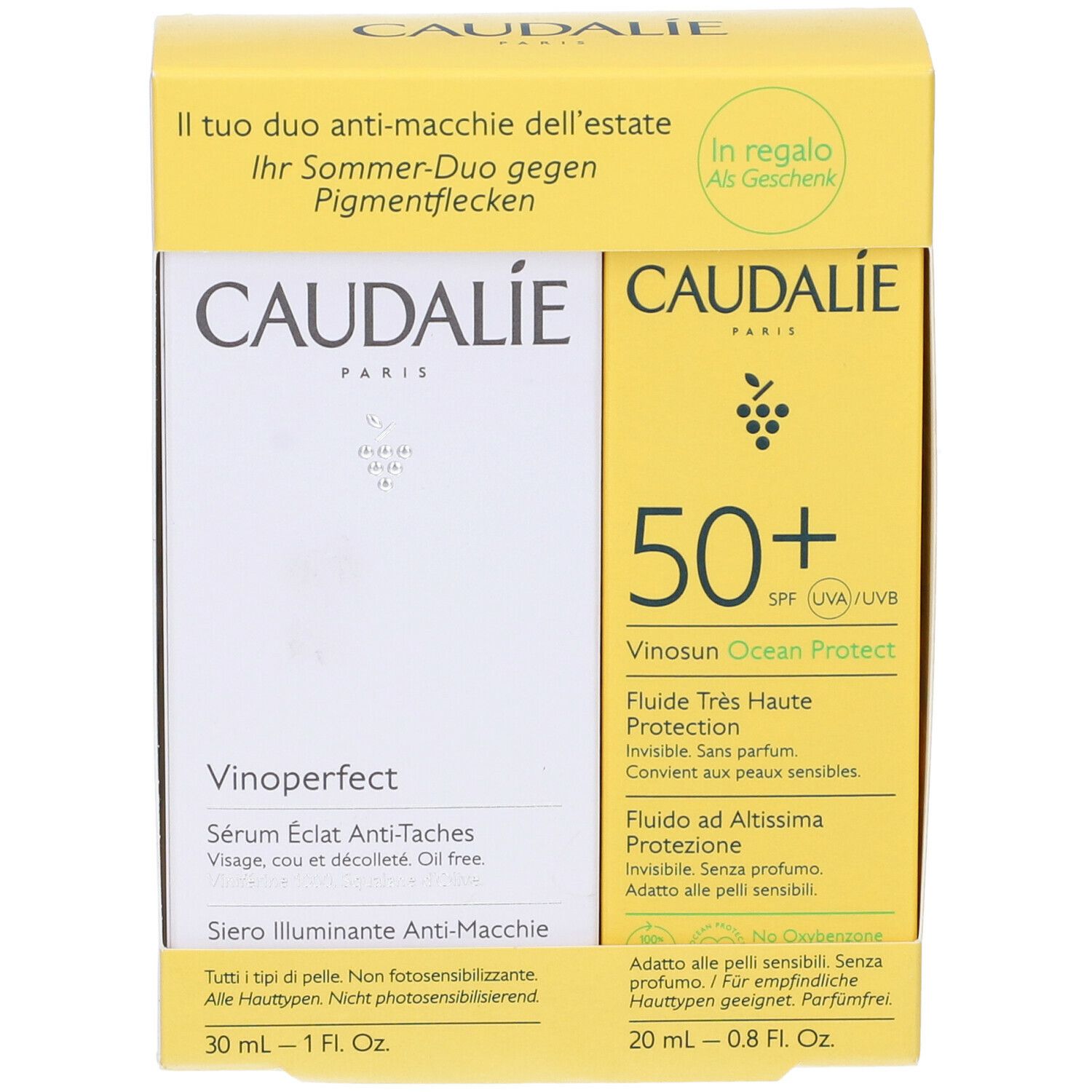 Confezione gialla CAUDALIE Duo. Contiene siero Vinoperfect e protezione solare 50+. Testi in tedesco, italiano e francese.