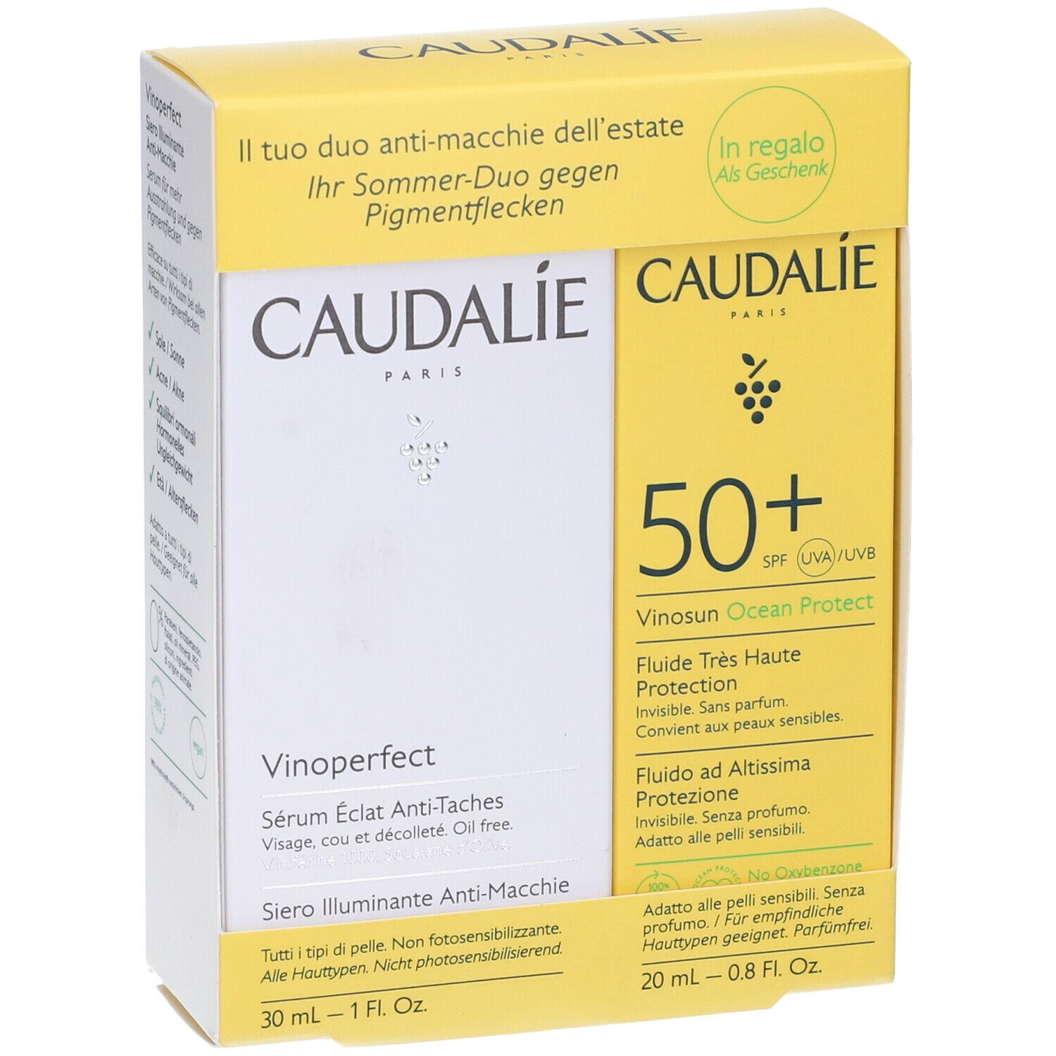 Confezione gialla CAUDALIE Duo. Contiene siero Vinoperfect e protezione solare 50+. Testi in tedesco, italiano e francese.