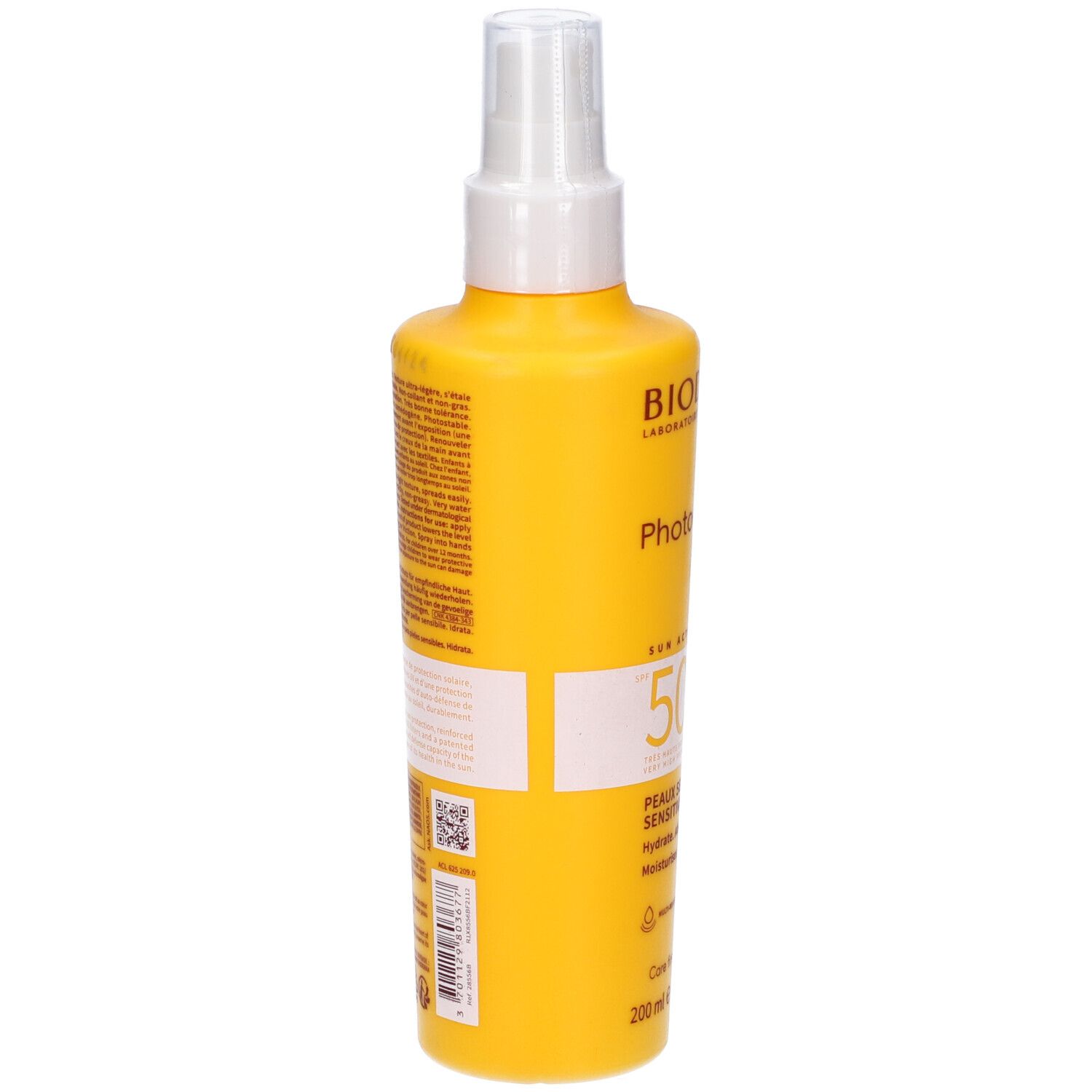Retro di un flacone spray giallo. Sezioni di testo e codice QR. Scritta: Bioderma, Photoderm Spray 50+.