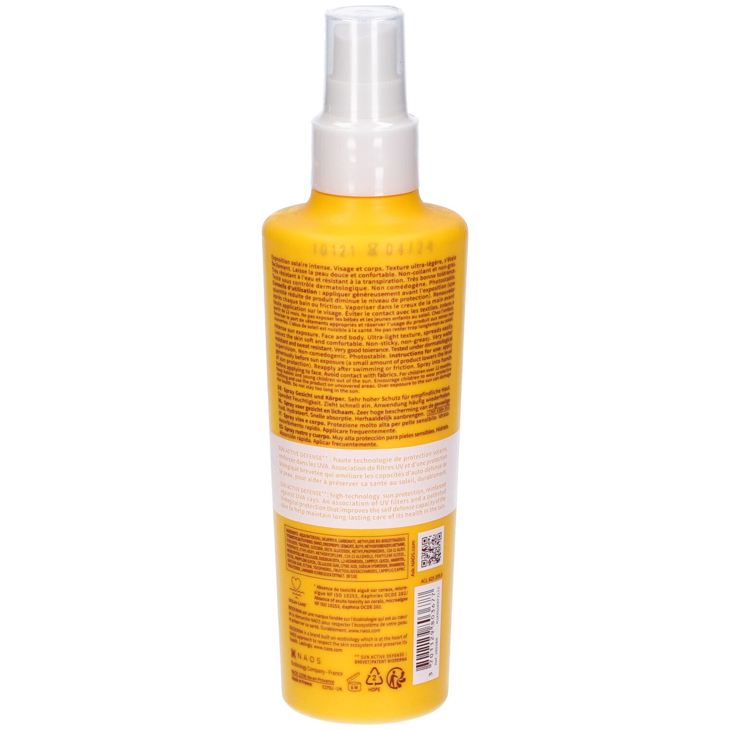 Retro di un flacone spray giallo. Sezioni di testo e codice QR. Scritta: Bioderma, Photoderm Spray 50+.
