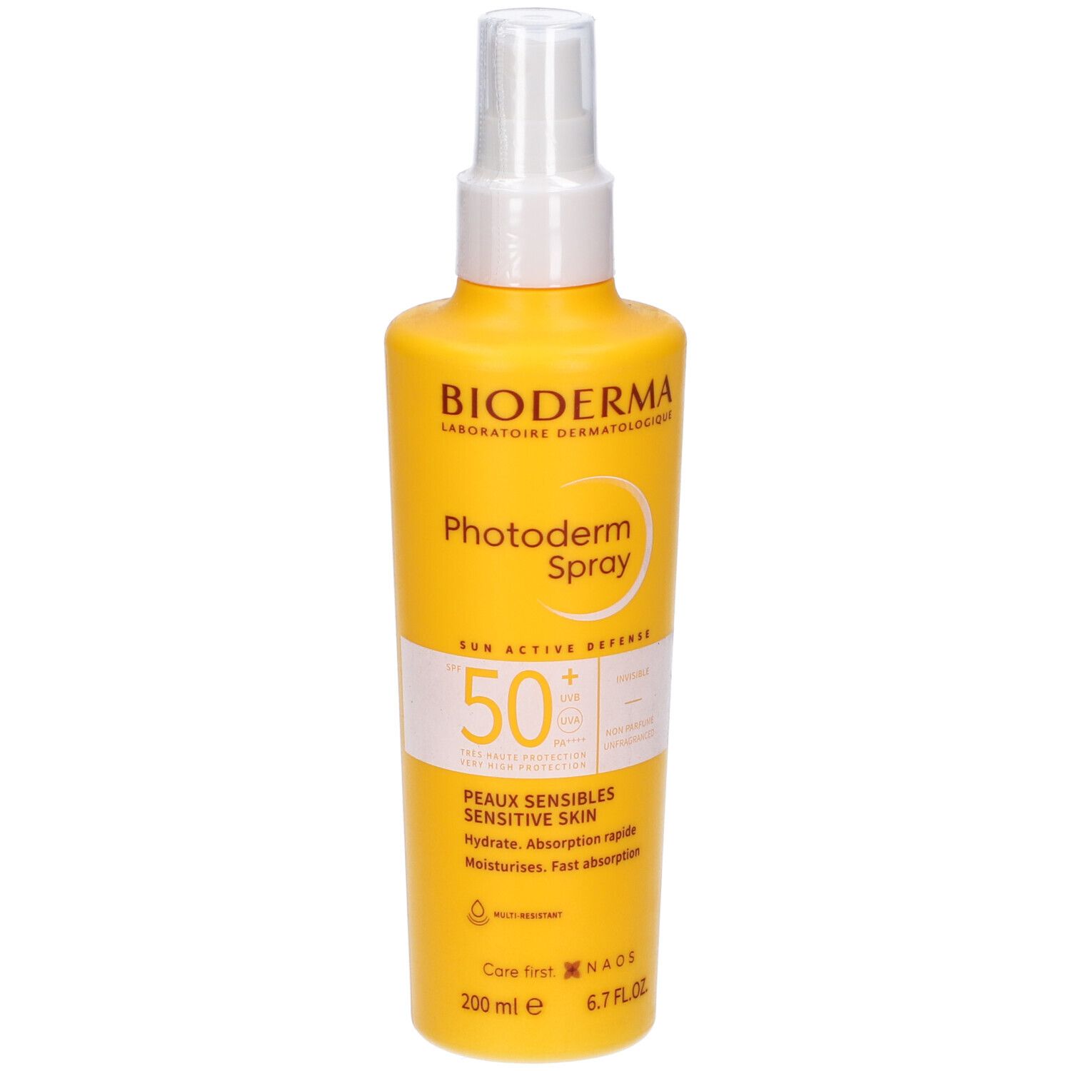 Flacone spray giallo con erogatore bianco. Scritta: Bioderma, Photoderm Spray 50+. Per pelli sensibili.