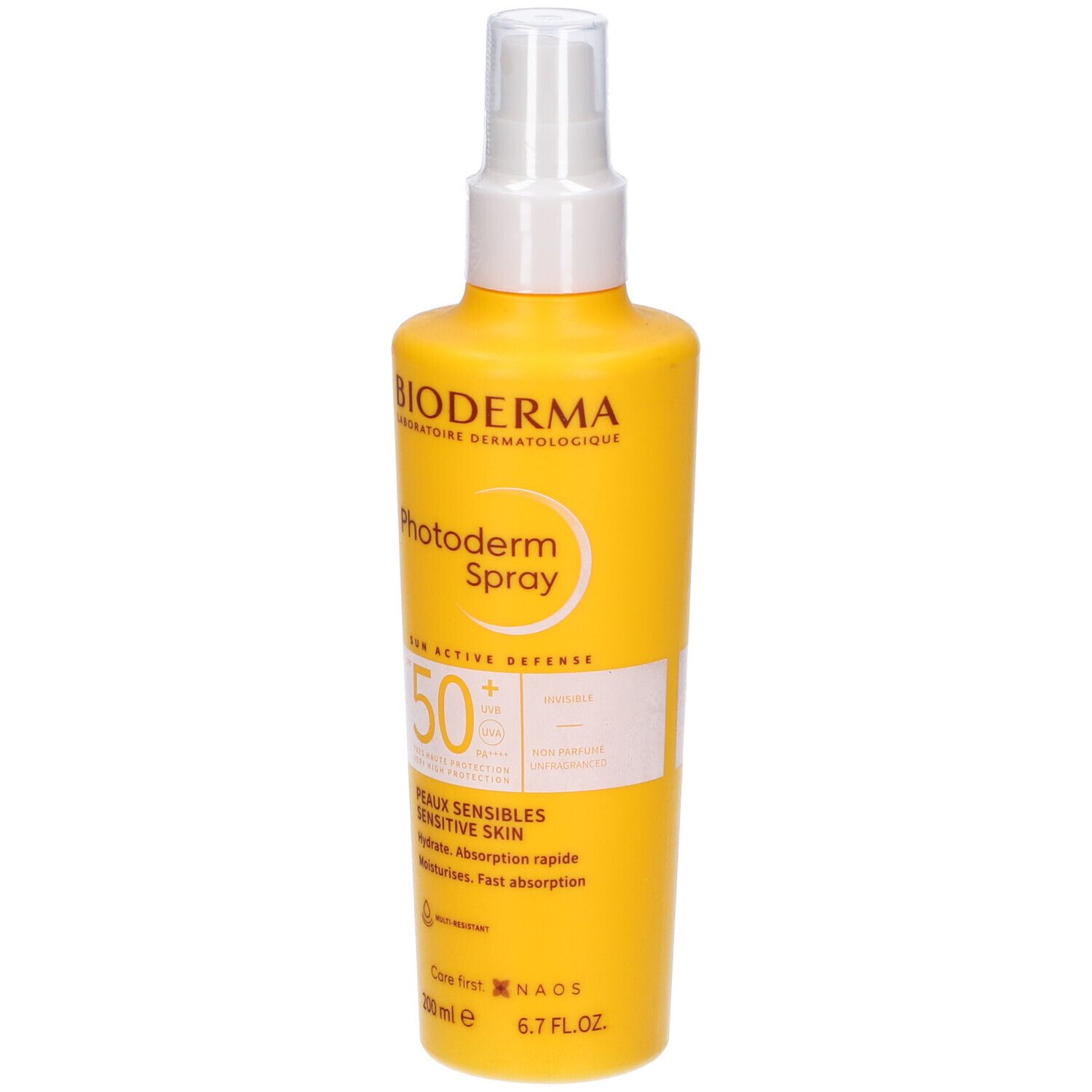 Flacone spray giallo con erogatore bianco. Scritta: Bioderma, Photoderm Spray 50+. Per pelli sensibili.