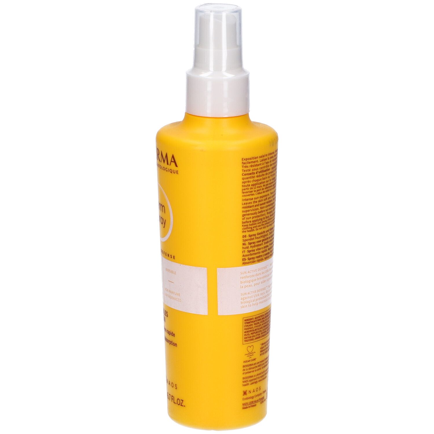 Retro di un flacone spray giallo. Sezioni di testo e codice QR. Scritta: Bioderma, Photoderm Spray 50+.