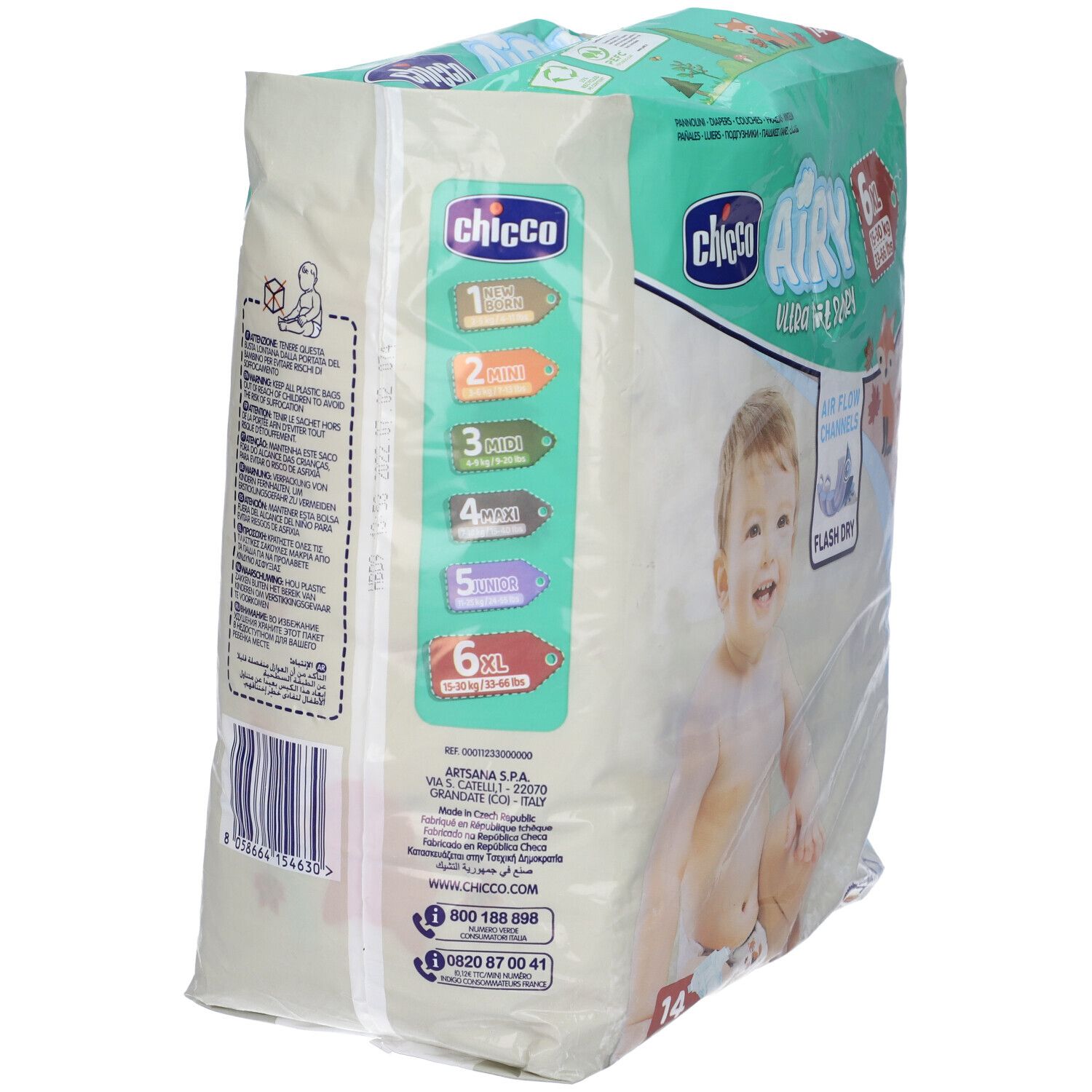 Retro confezione pannolini Chicco Airy. Indicazioni taglie da 1 a 6XL. Informazioni prodotto e logo.