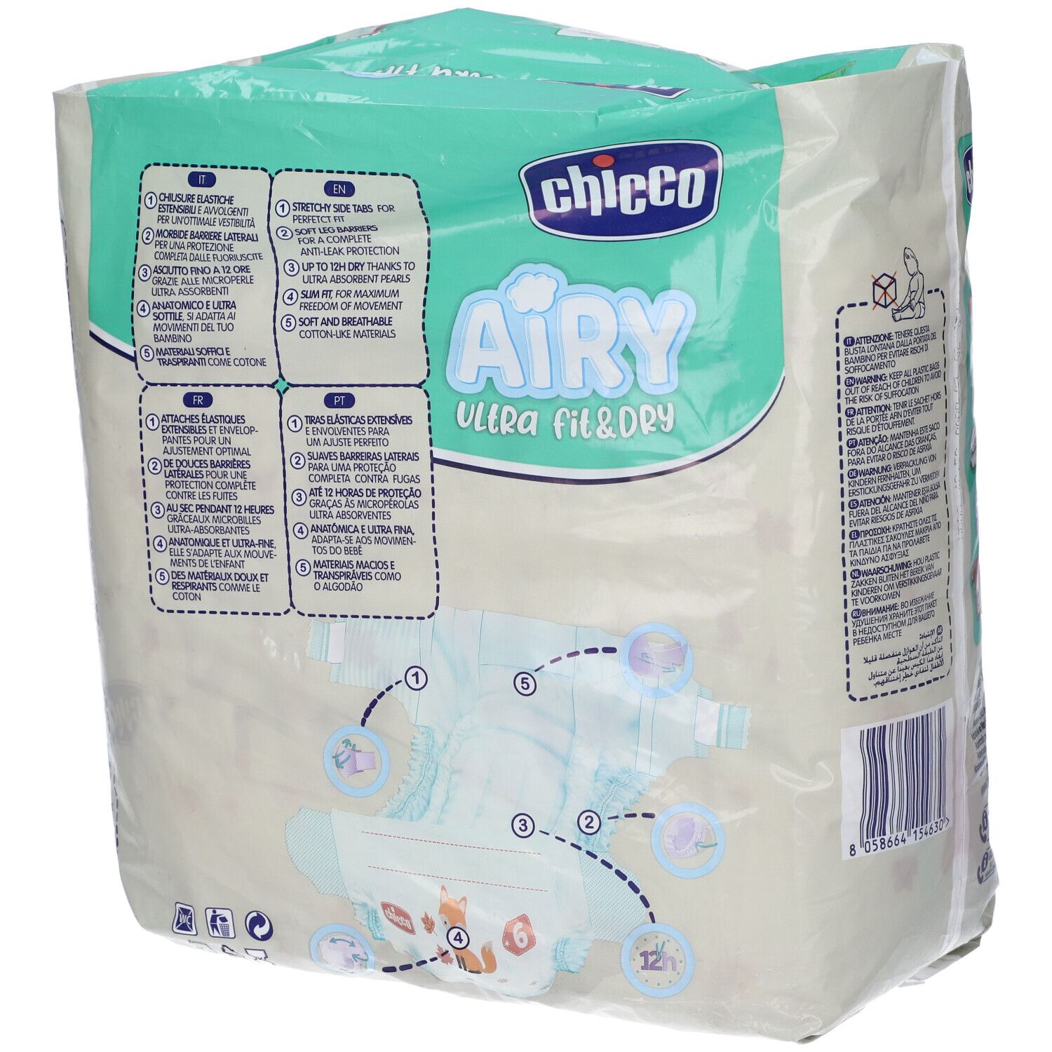 Retro confezione pannolini Chicco Airy. Caratteristiche del prodotto e illustrazioni del pannolino. Testo multilingue.