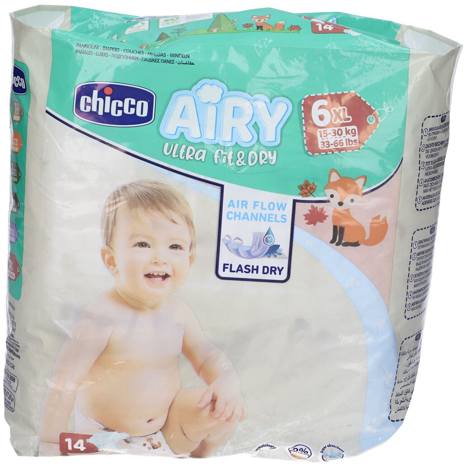 Confezione di pannolini Chicco Airy XL. Bambino sulla confezione. Taglia 6XL, 15-30 kg. Illustrazione volpe.