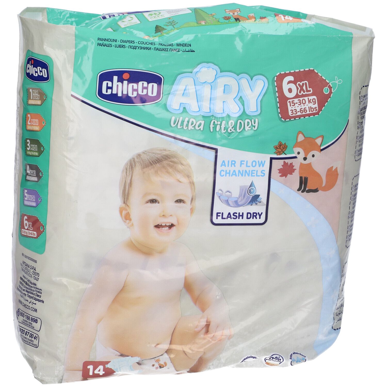 Confezione di pannolini Chicco Airy XL. Bambino sulla confezione. Indicazioni taglie da 1 a 6XL.