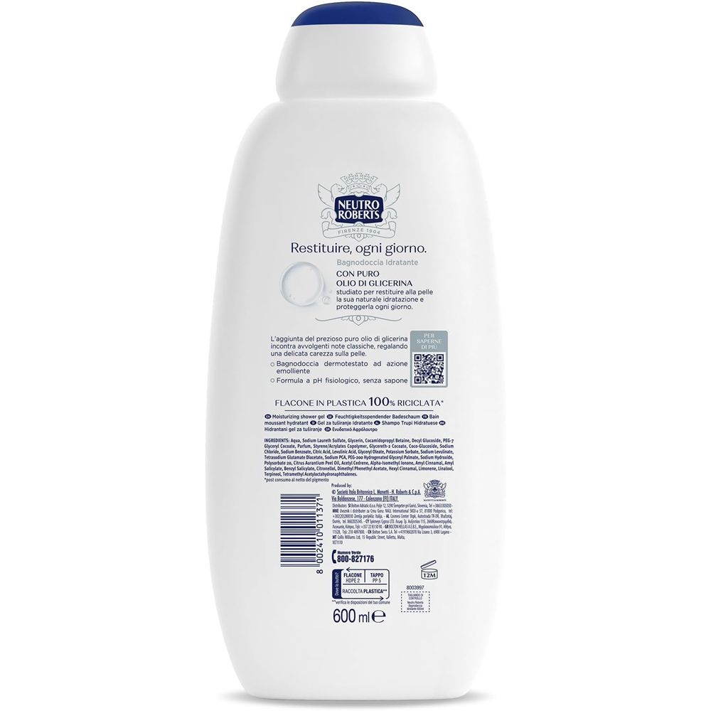 Retro del flacone bianco Neutro Roberts Bagnoschiuma. Testo e codice QR. 600 ml.