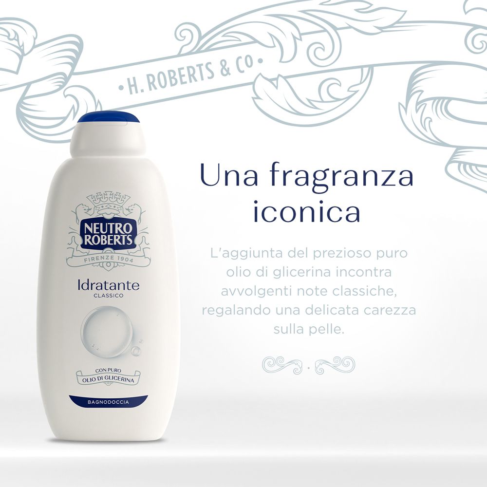 Flacone bianco Neutro Roberts Bagnoschiuma. Testo: Una fragranza iconica. Con olio di glicerina. Tappo blu.