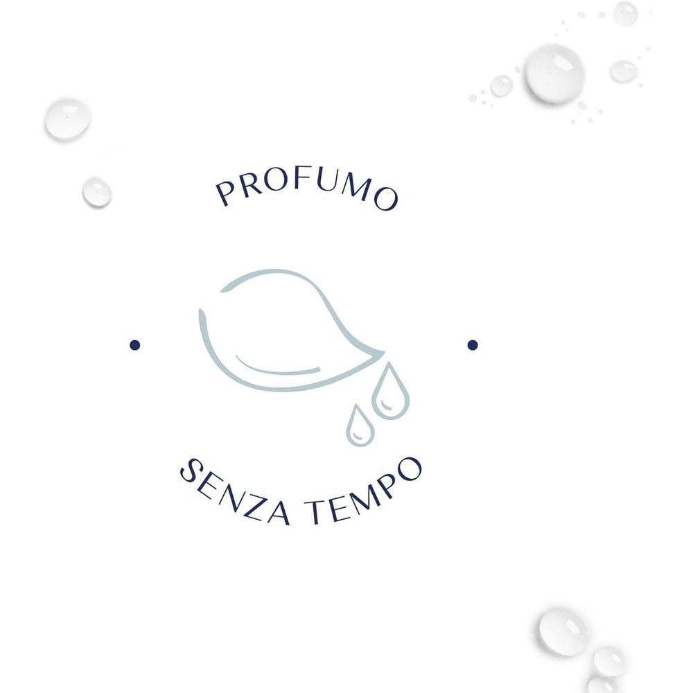 Simbolo per profumo. Foglia con gocce. Testo: Profumo Senza Tempo.