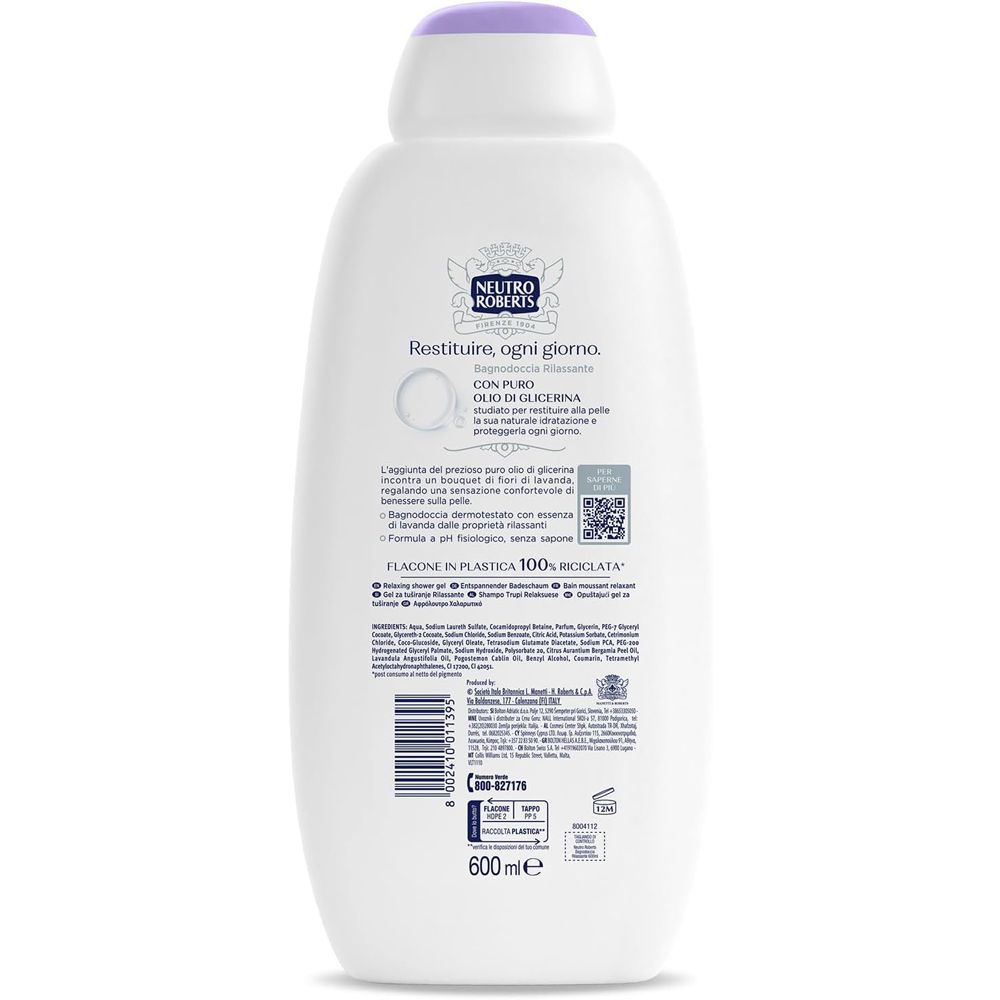 Retro del flacone bianco. Testo: Restituisce, ogni giorno. Flacone in plastica 100% riciclata. 600 ml.