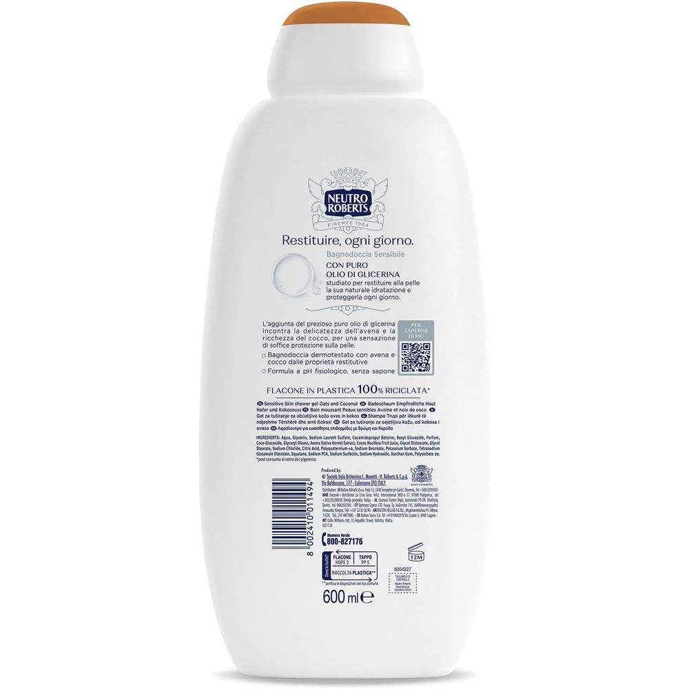 Retro del flacone bianco Neutro Roberts. Testo e codice QR. Volume: 600 ml.
