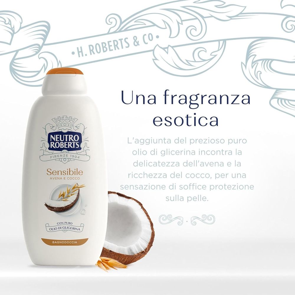 Flacone del prodotto accanto a una noce di cocco. Testo: Una fragranza esotica. Descrizione del prodotto.