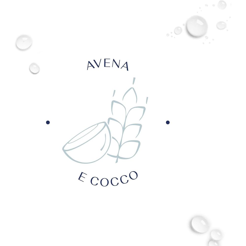 Grafica con avena, cocco e gocce d'acqua. Testo: Avena e cocco.