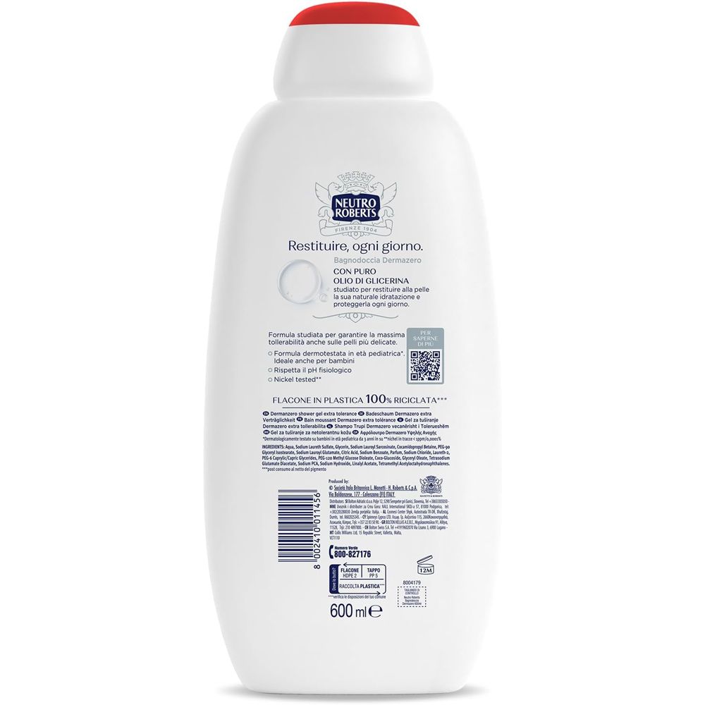 Retro del flacone bianco. Testo: Restituire, ogni giorno. Flacone in plastica 100% riciclata. 600 ml.