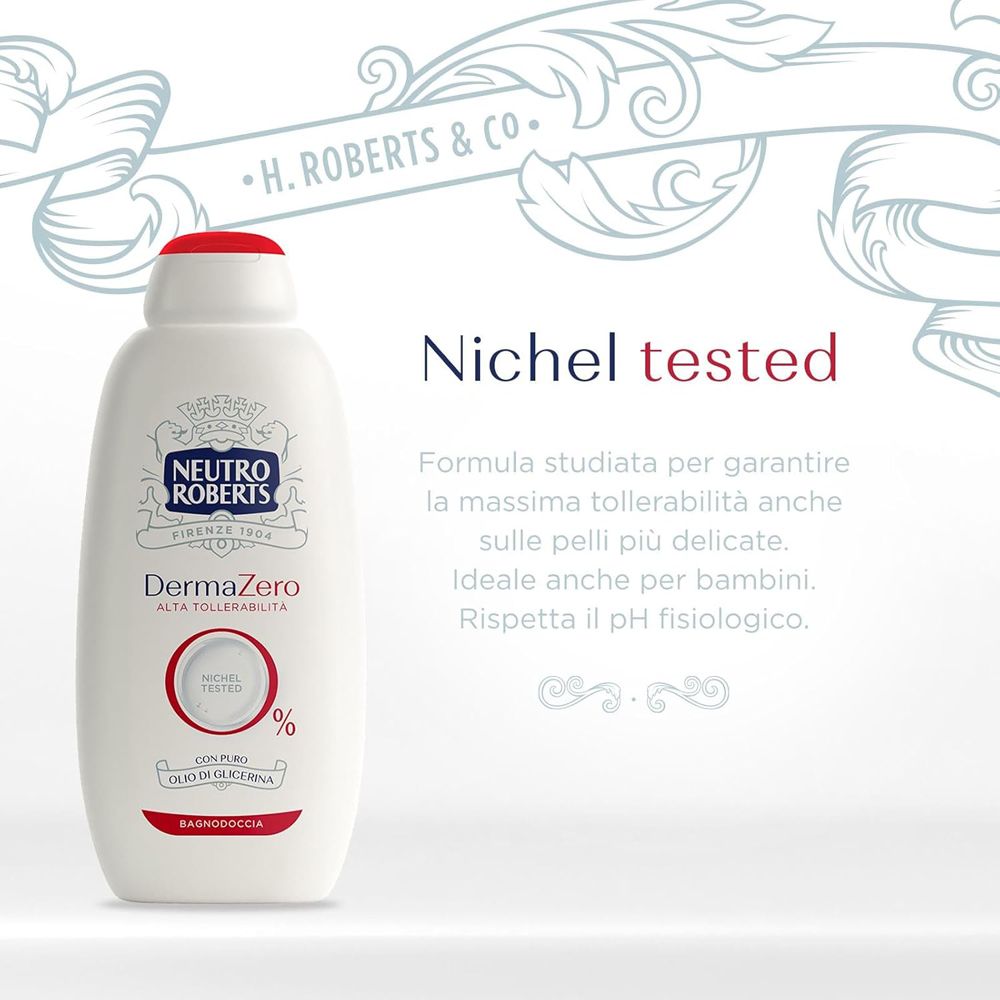 Flacone bianco con tappo rosso. Testo: Neutro Roberts, DermaZero, Nickel testato. Formula per pelli sensibili. Adatto ai bambini.