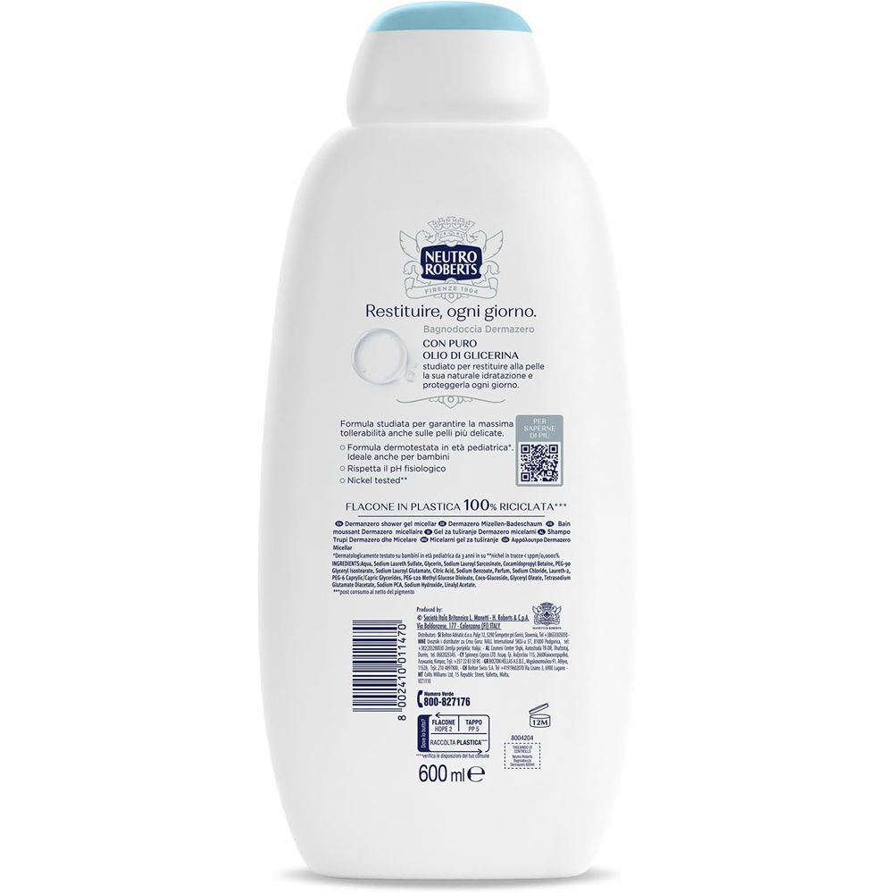 Retro del flacone. Testo: Restituire, ogni giorno. Flacone in plastica 100% riciclata. 600 ml.
