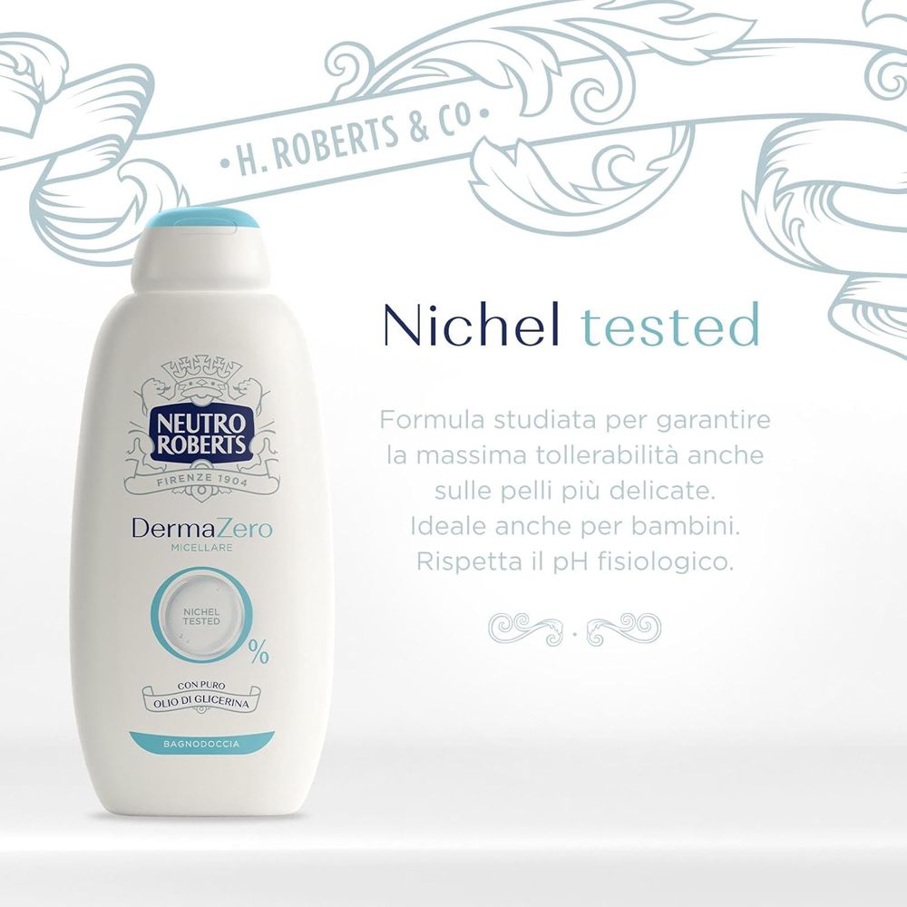 Flacone bianco, tappo blu. Testo: Nickel testato. Formula per pelli sensibili. Adatto ai bambini.