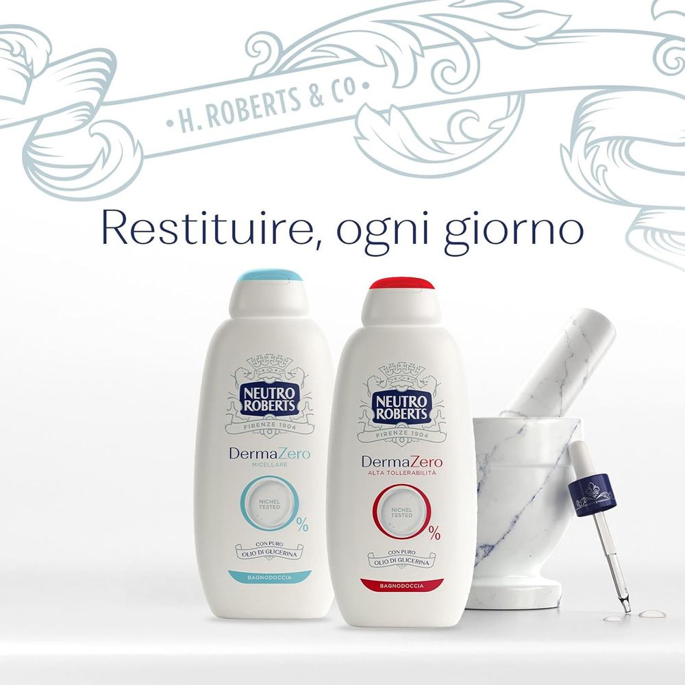 Due flaconi, tappi blu e rosso. Testo: Restituire, ogni giorno. Mortaio e pestello.