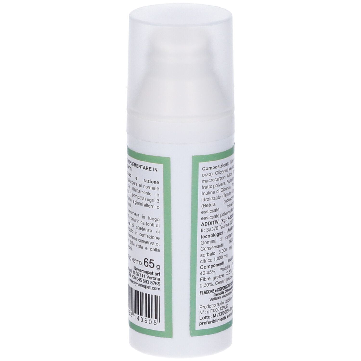 Retro del flacone bianco. Testo con ingredienti e analisi. Scritta: BoloWay, dynamopet.com, 65g.