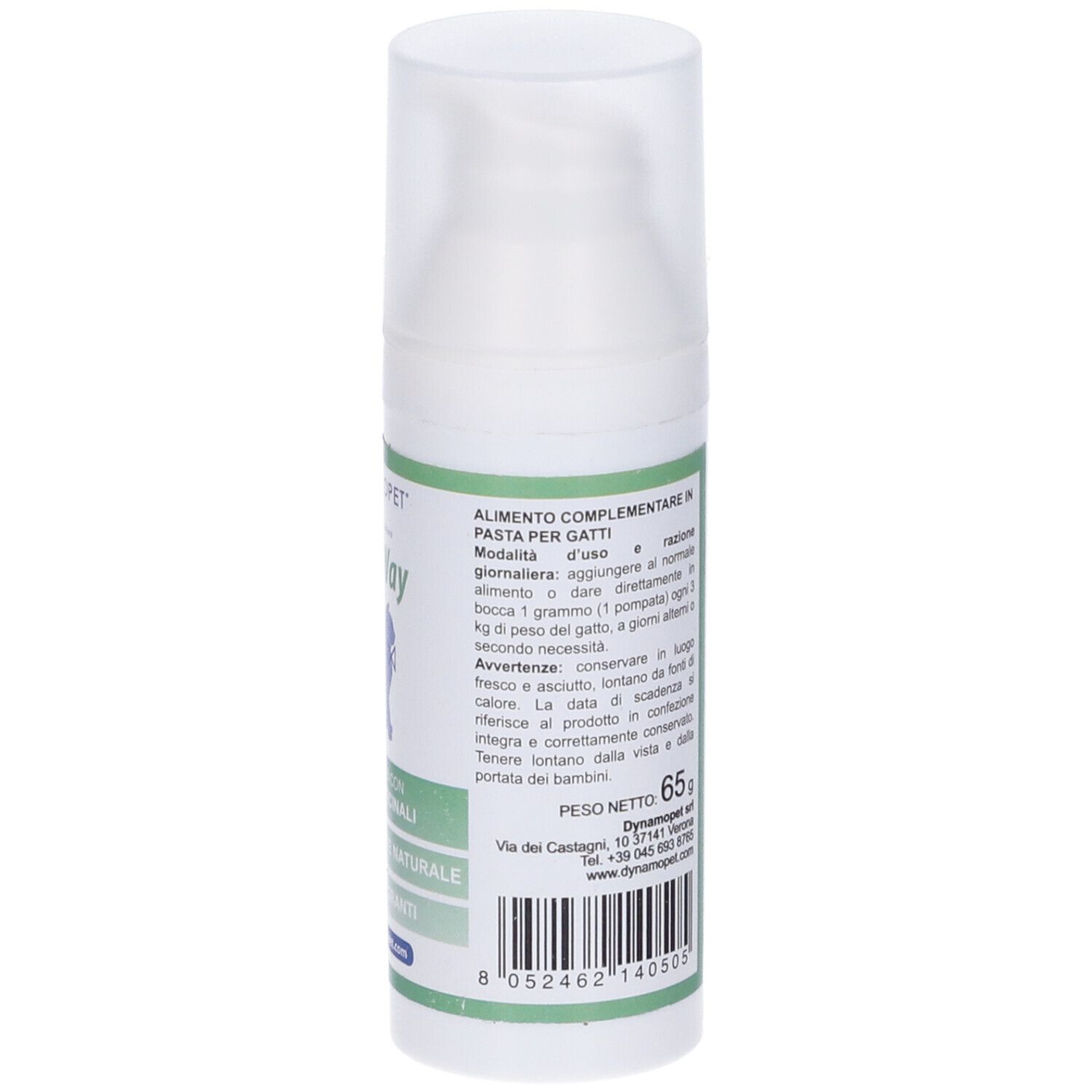 Flacone bianco con dosatore a pompa. Scritta: BoloWay, sagoma di gatto, formulato con piante officinali, senza coloranti.