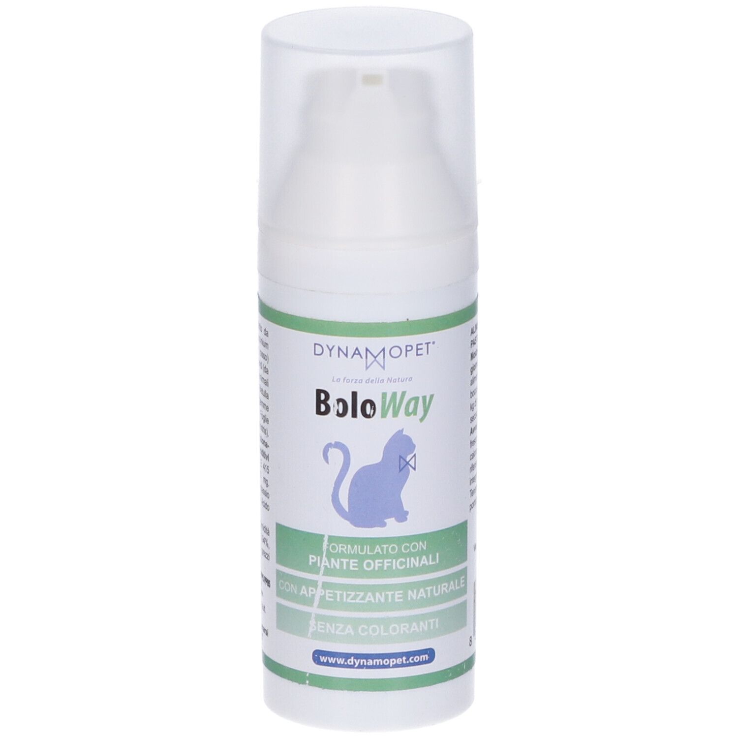 Retro del flacone bianco. Testo con istruzioni per l'uso. Scritta: BoloWay, 65g, codice a barre.