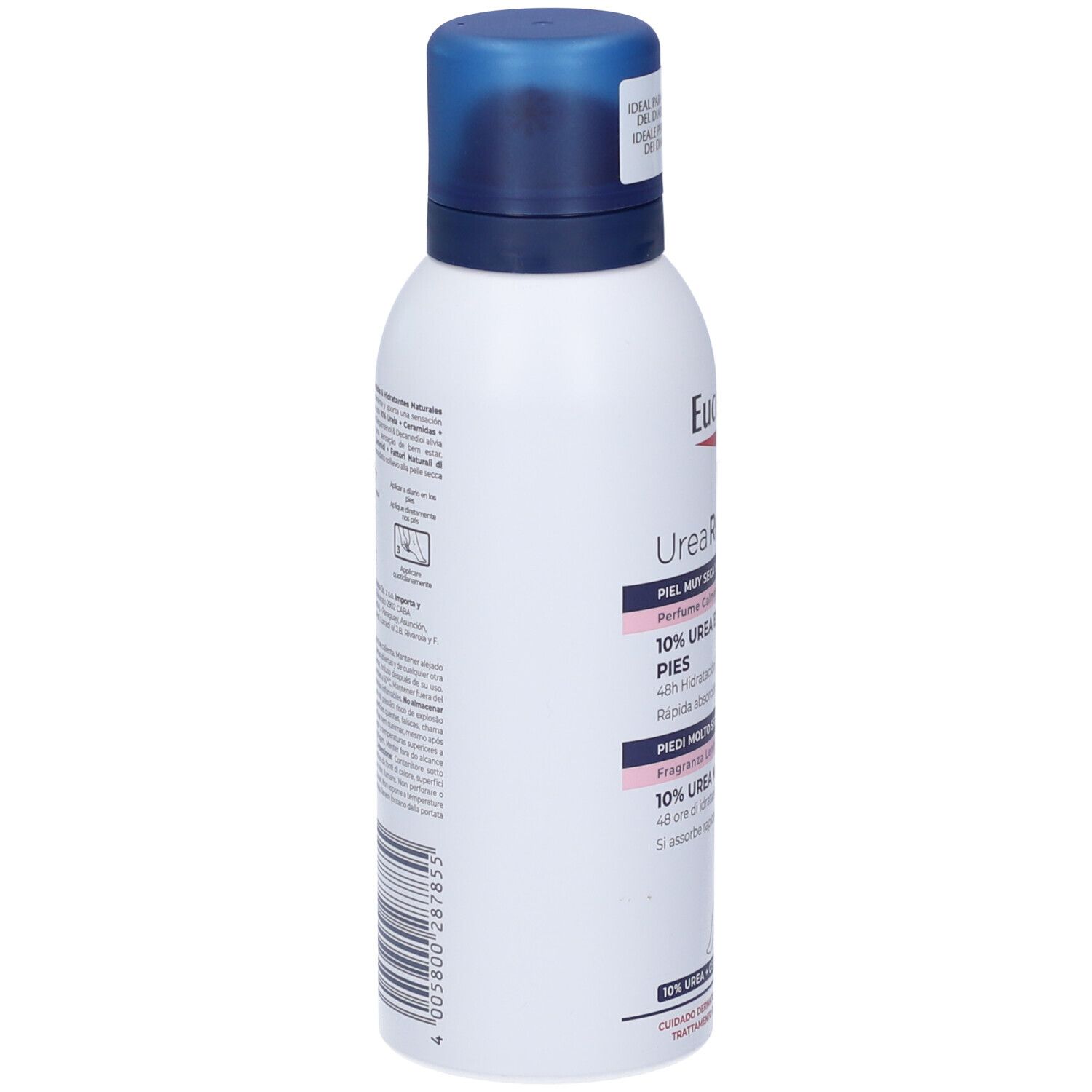 Flacone bianco con tappo blu. Retro con testo e codice a barre. Nome prodotto: Eucerin UreaRepair.
