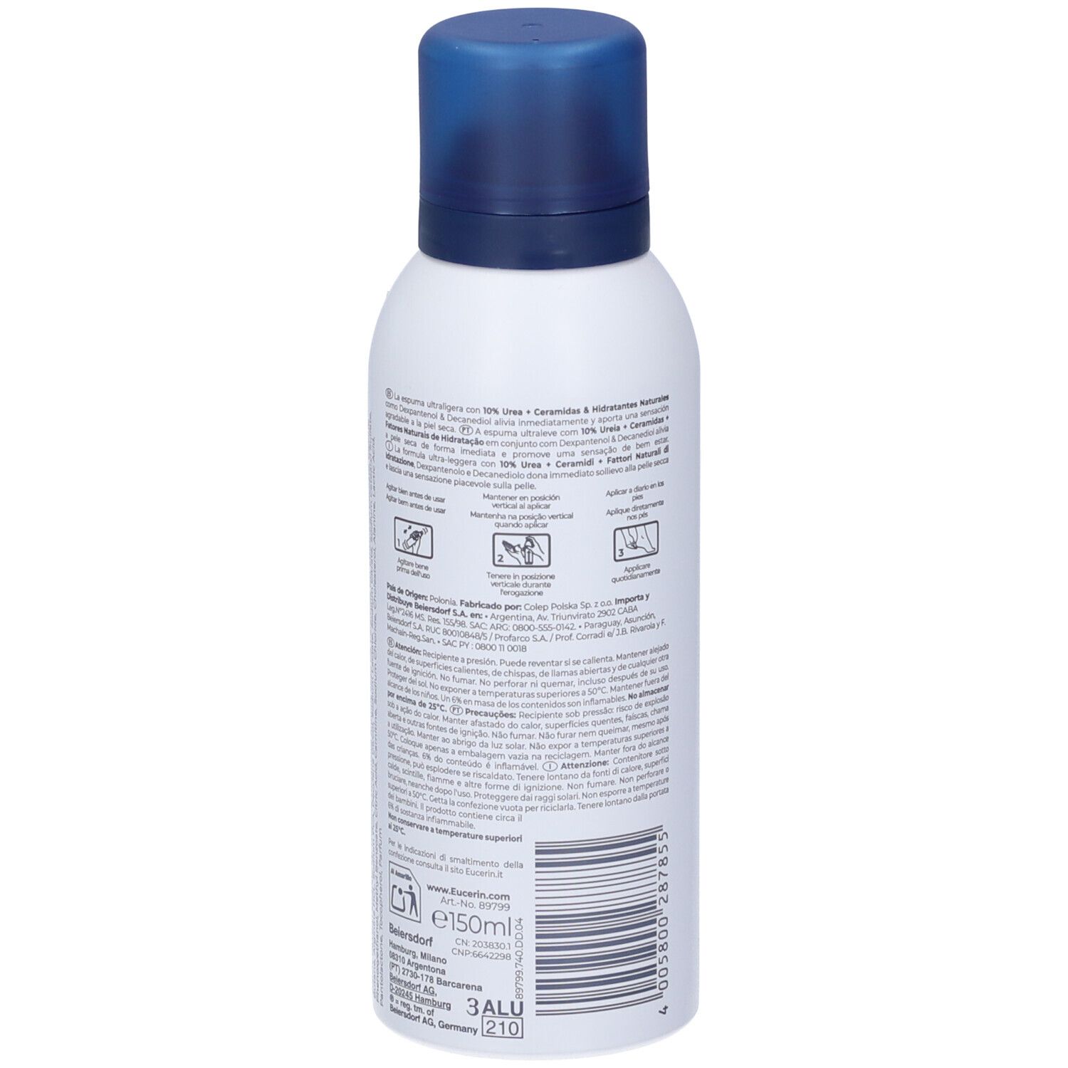Retro del flacone bianco con tappo blu. Testo e pittogrammi. Nome prodotto: Eucerin UreaRepair.