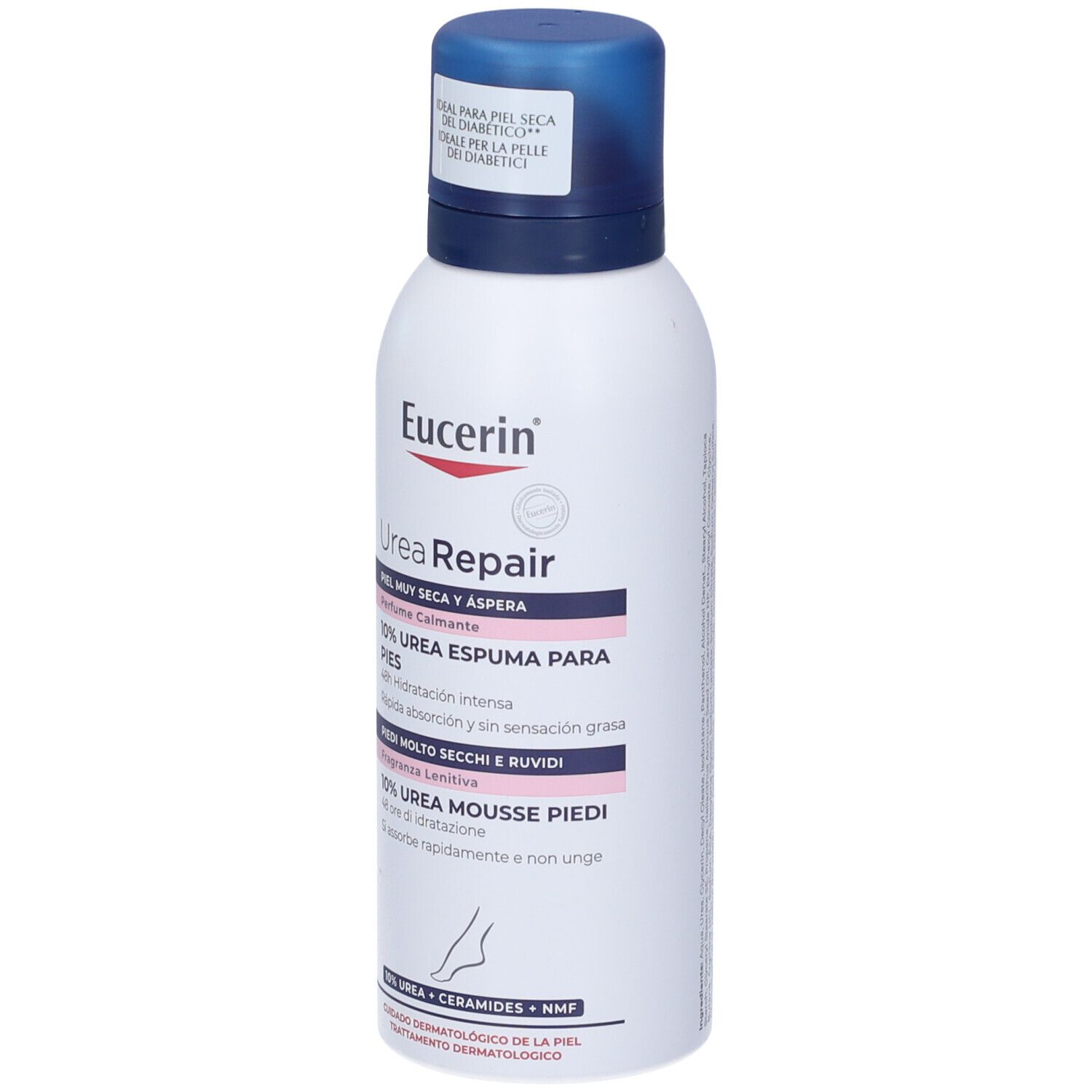 Flacone bianco con tappo blu. Scritta: Eucerin UreaRepair, 10% Urea Espuma para Pies, per pelli molto secche.